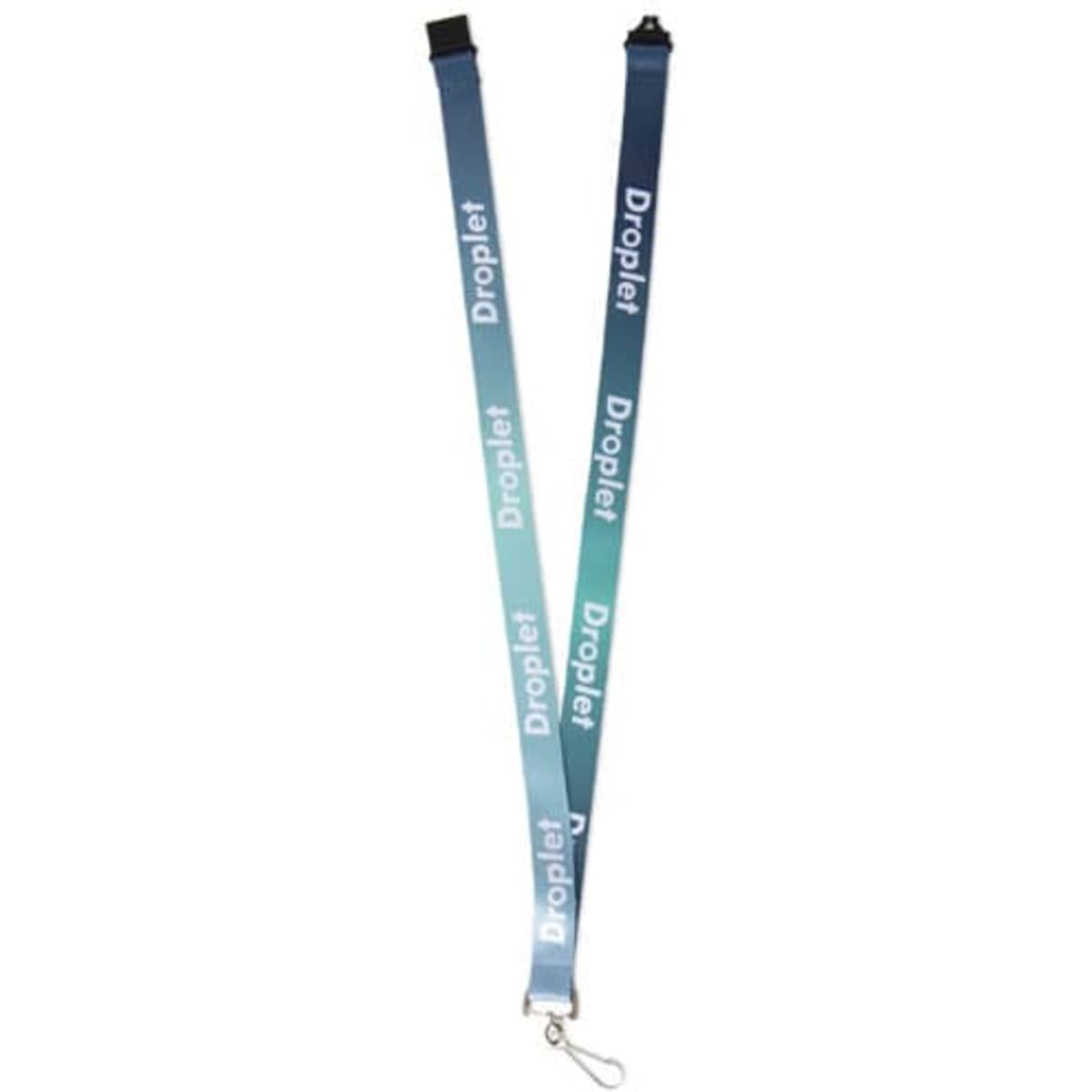 A lanyard featuring a gradient design from light blue to dark blue, with a safety breakaway feature and a logo.