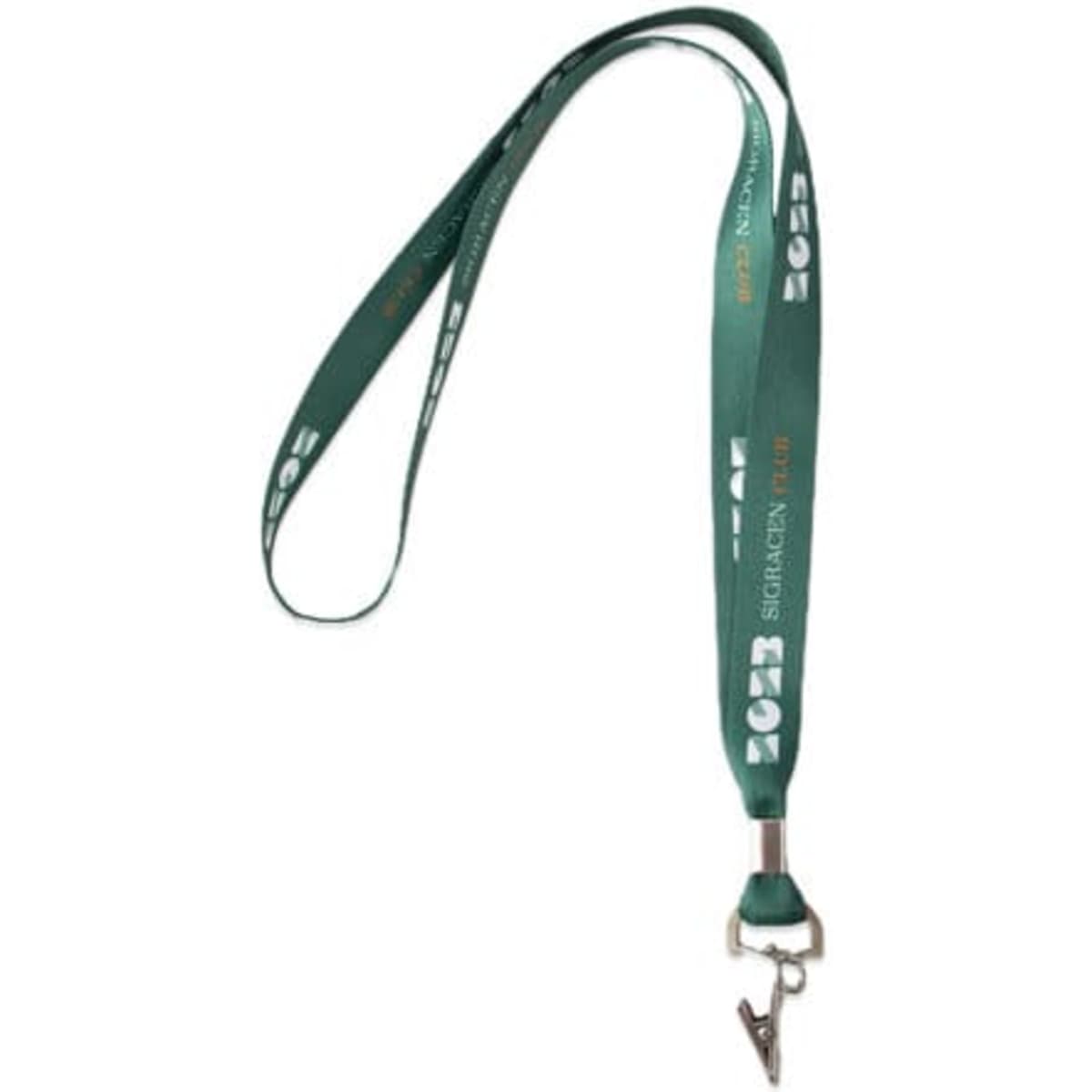 A green custom lanyard with a bulldog clip and a logo.