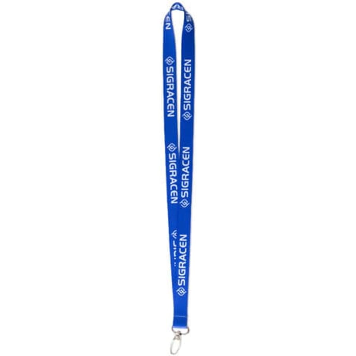 A blue lanyard with a clasp buckle, featuring a logo along its length.