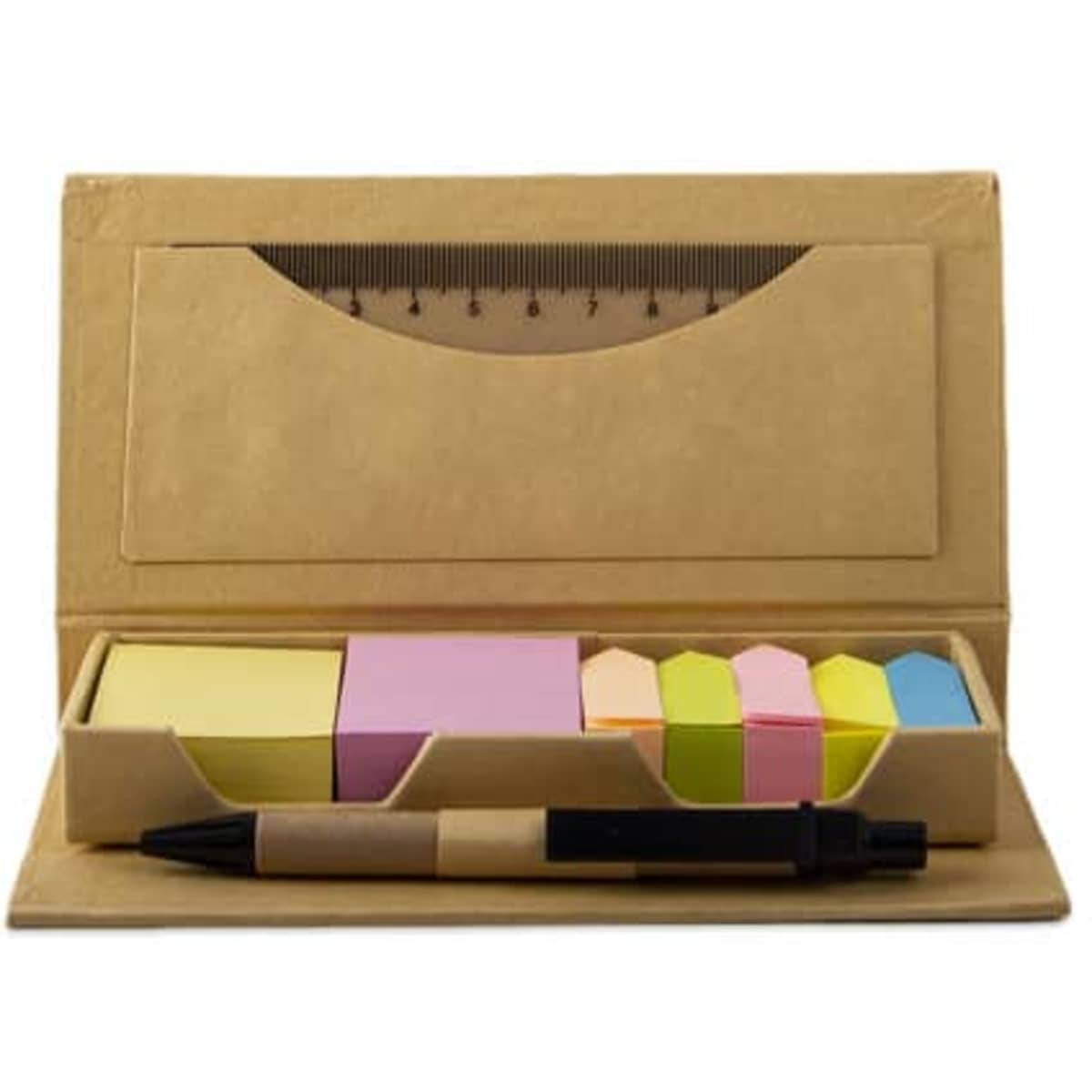 A kraft paper box containing sticky notes in various colours, a ruler, and a black pen. The box has a simple design.