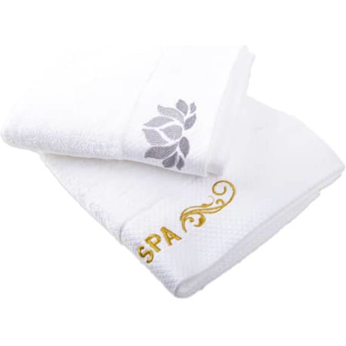 A set of two white embroidered cotton towels, featuring a floral design and the word "SPA" in gold.
