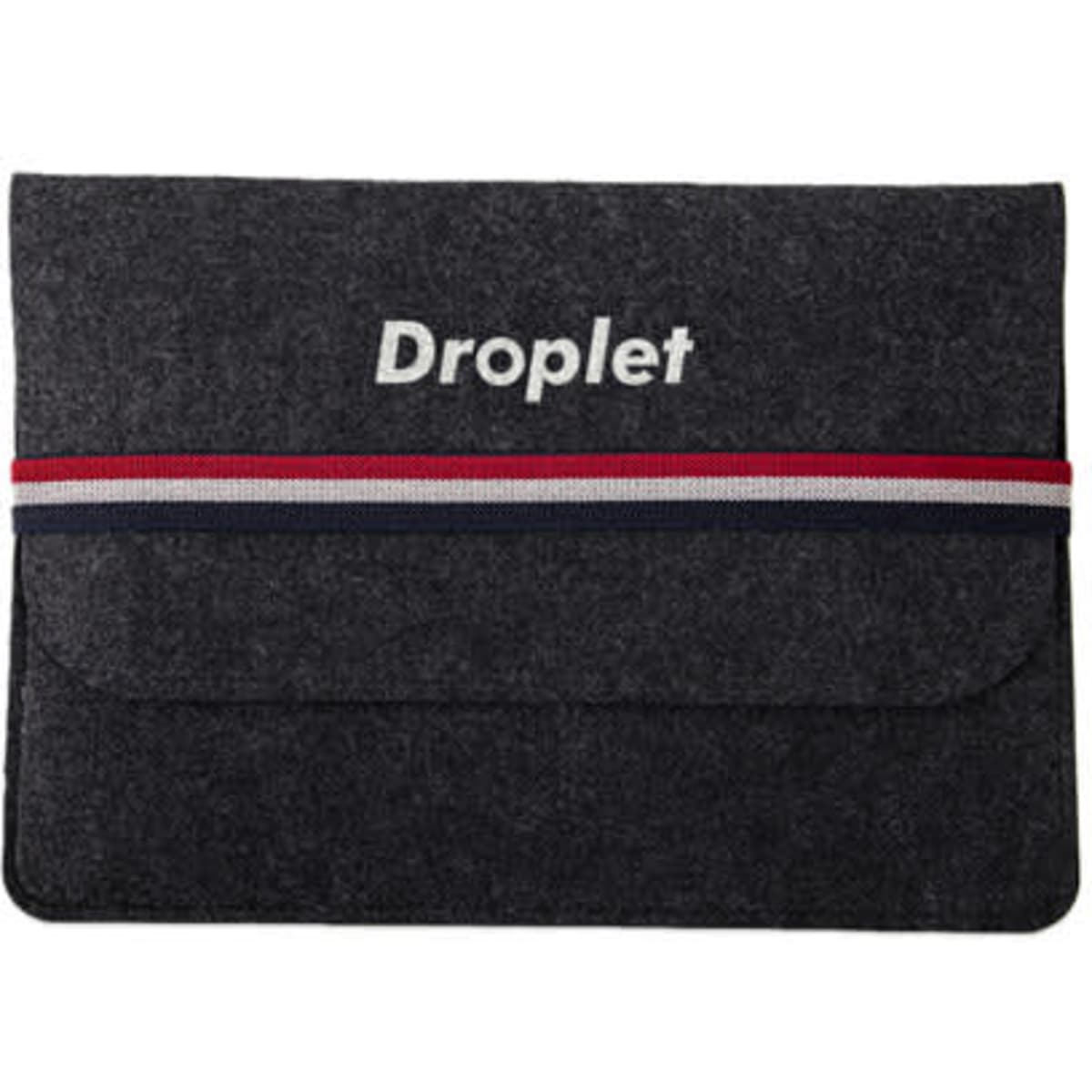 A grey felt laptop sleeve case with a striped elastic band and a branding logo on the front.