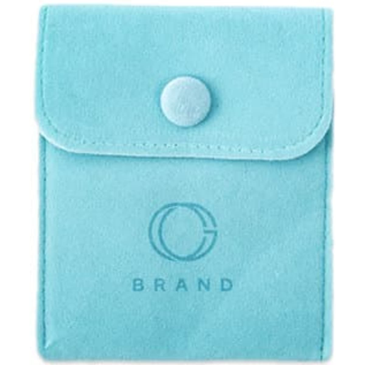 A flannel jewellery pouch in light blue with a button closure and a branding logo.