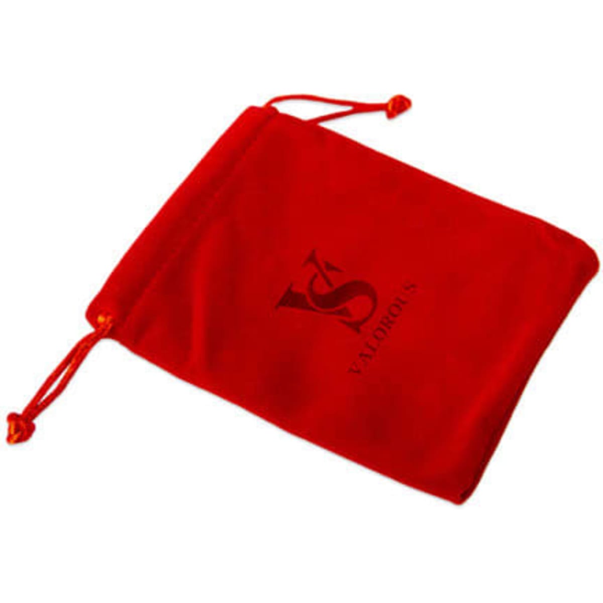 A red velvet drawstring pouch with a logo, ideal for storing jewelry or small items.