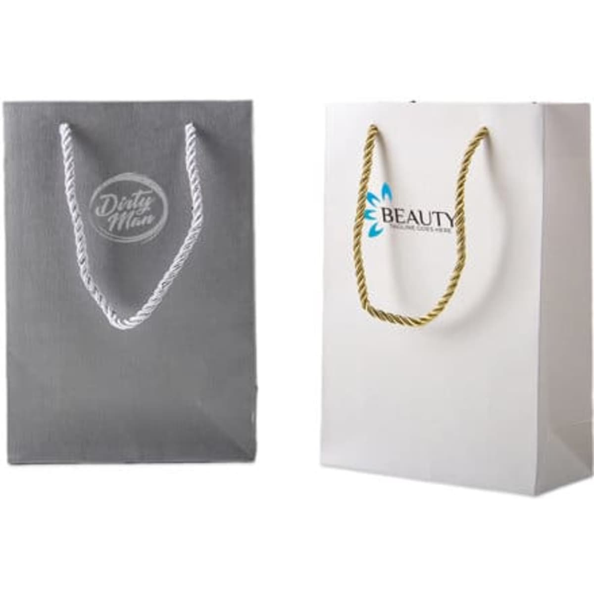 Two custom paper packaging bags, one grey with a logo and one white with a different logo, featuring rope handles.