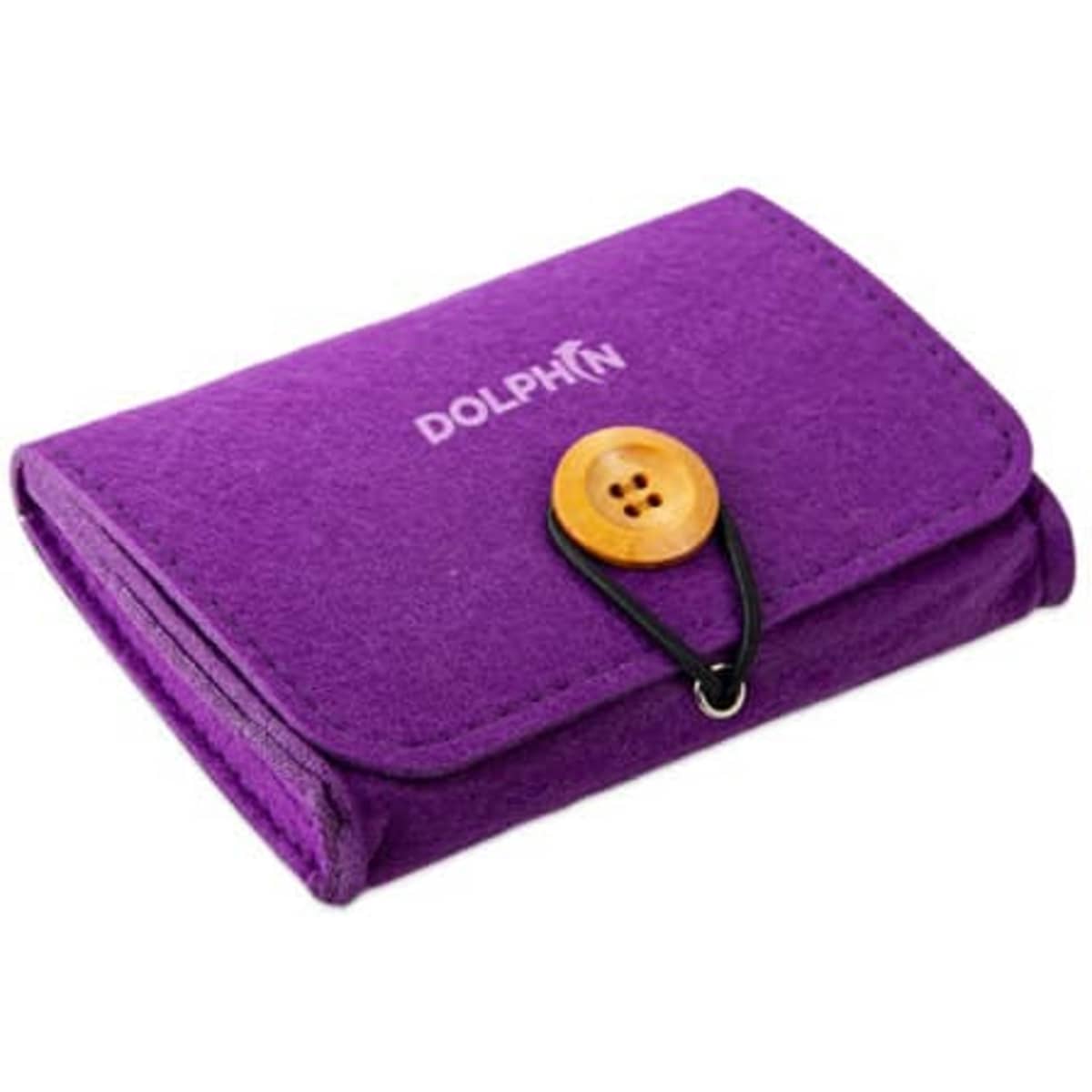 A purple felt pouch with a button closure and elastic band, featuring a logo on the front.