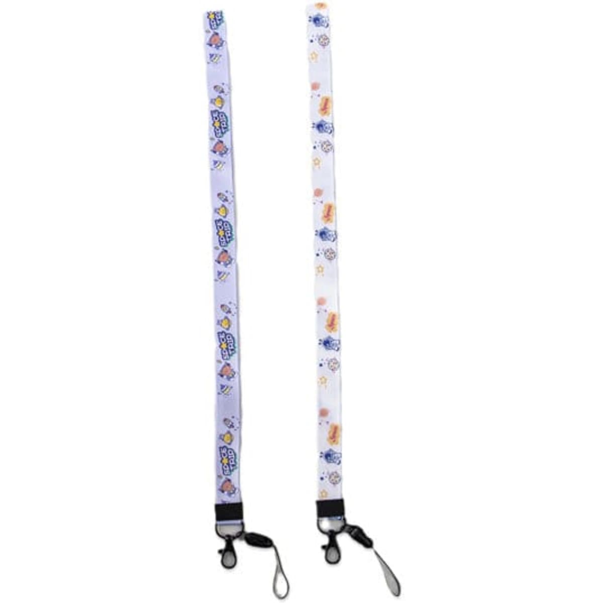 Two lanyards in white with colourful designs, featuring detachable buckles at the ends. Each has a logo.