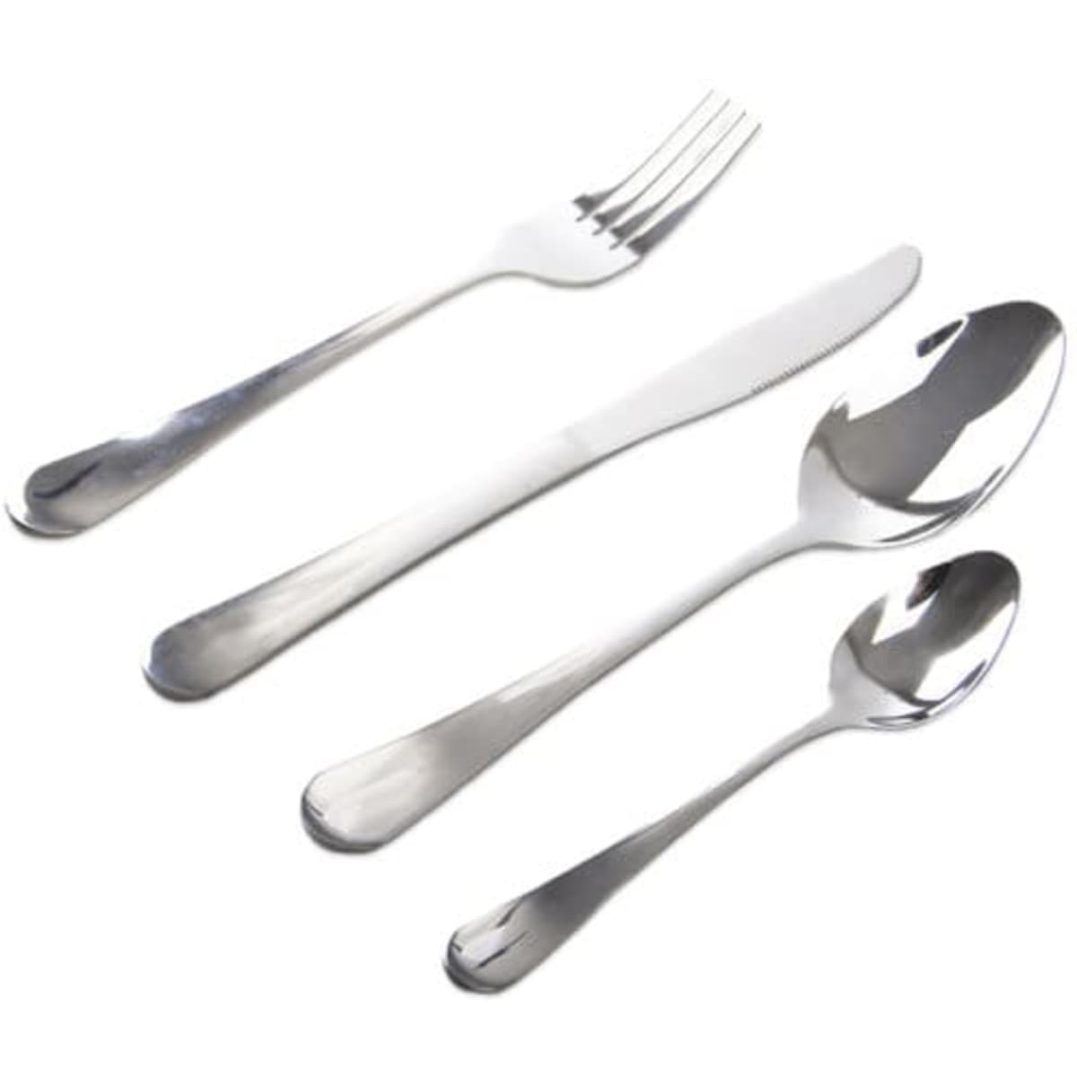 A stainless steel flatware set featuring a fork, knife, table spoon, and teaspoon, all with a polished finish.