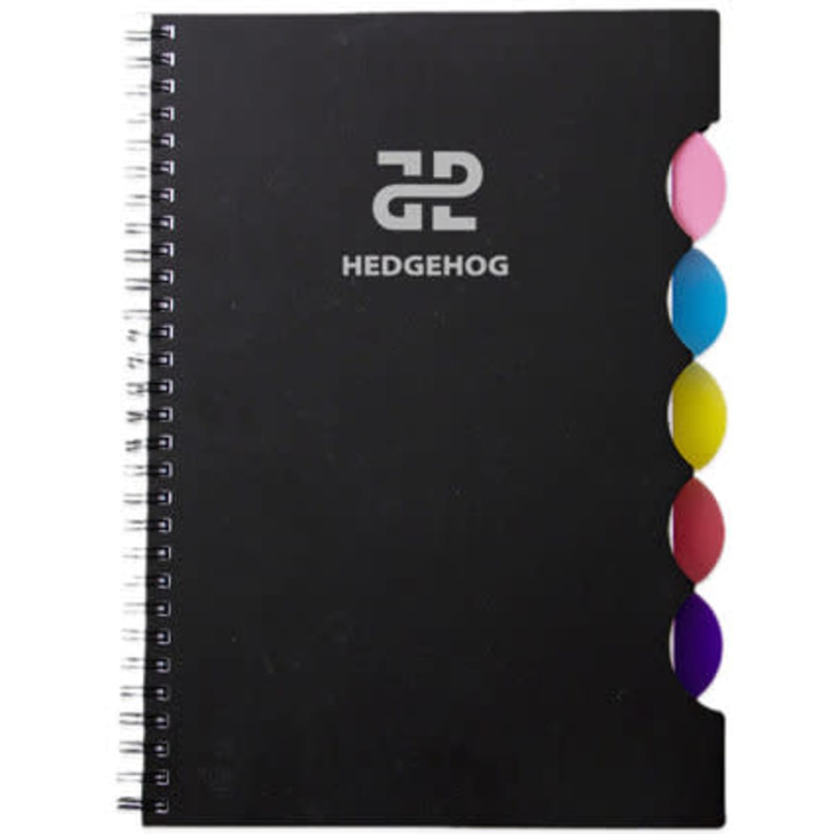 A black spiral notebook with tabs in various colours and a logo on the cover.