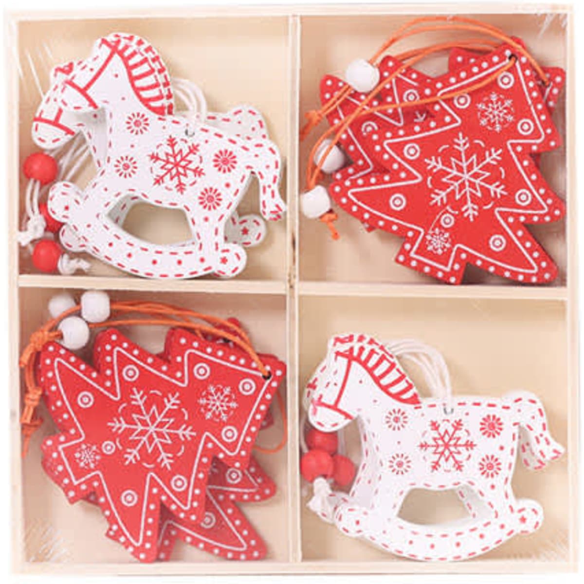 A wooden Christmas tree pendant set featuring red and white ornaments in a decorative box.