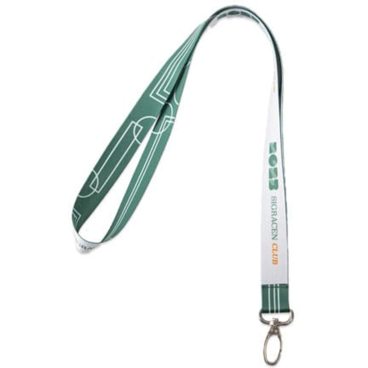 A green and white branded lanyard with a snap clip and a logo design.