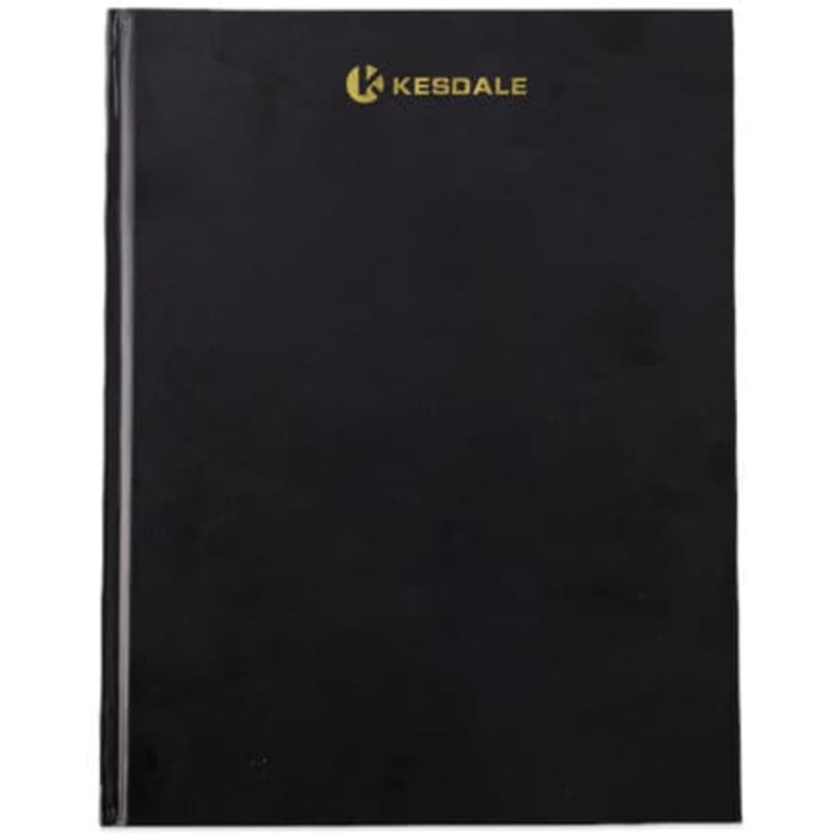 A black hardcover notebook with a gold logo on the front, featuring a smooth finish.