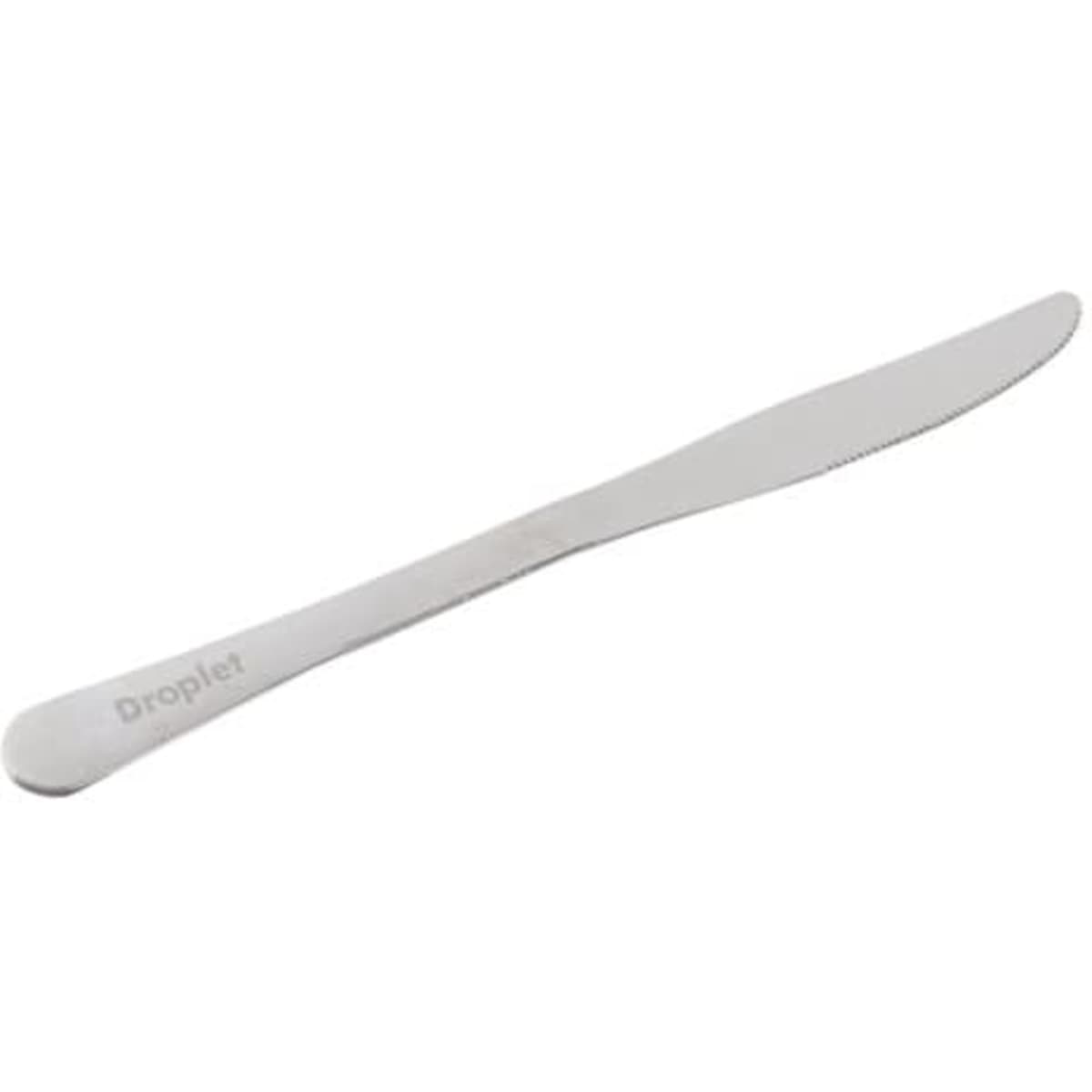 A stainless steel dinner knife with a sleek design and a subtle logo, featuring a shiny silver finish.