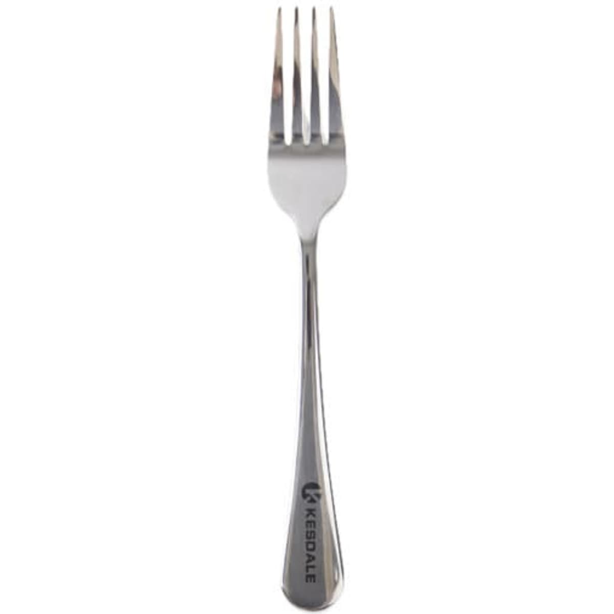 A stainless steel table fork with a shiny finish and a logo on the handle. Perfect for dining purposes.