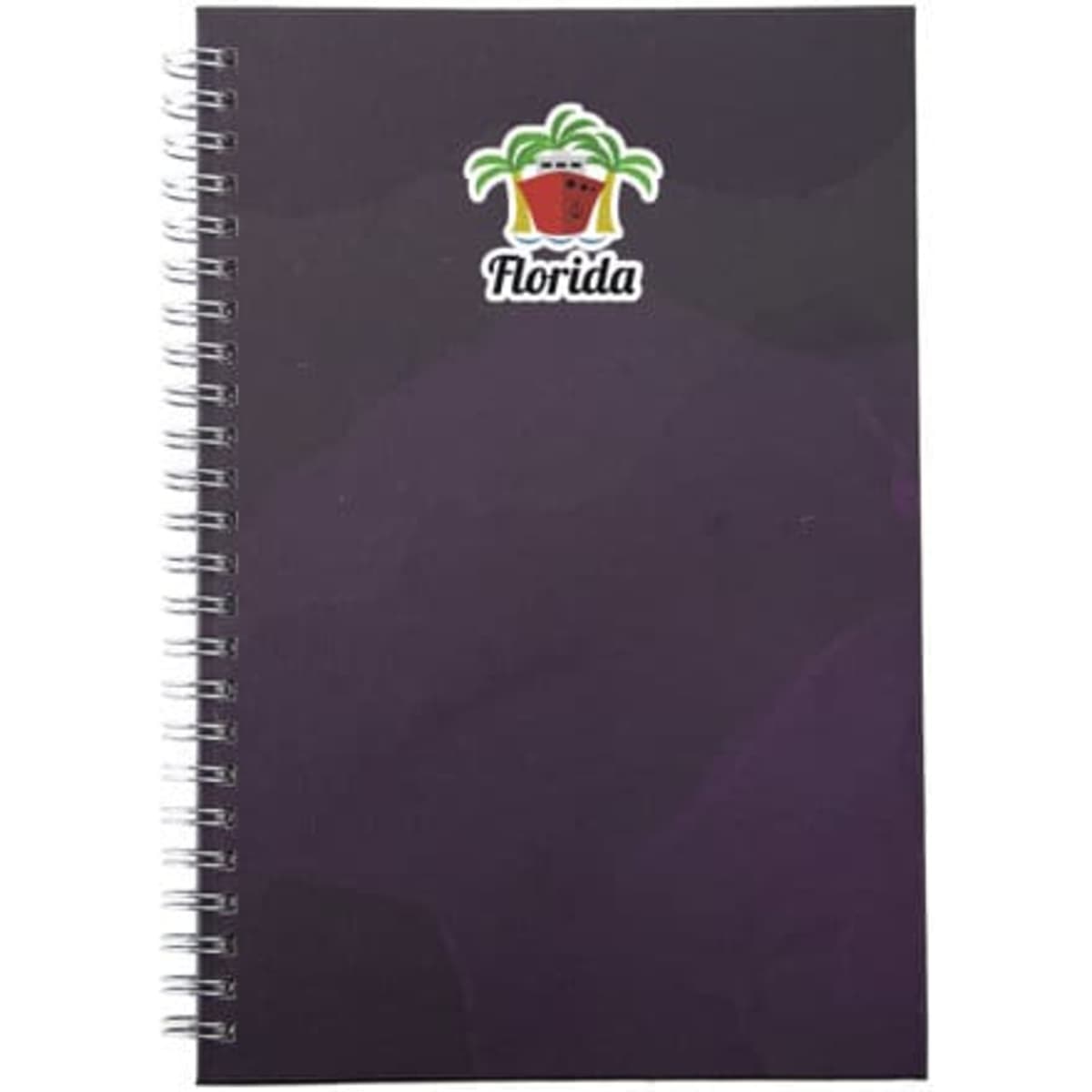 A hardcover spiral notebook in a dark purple colour, featuring a logo at the top.