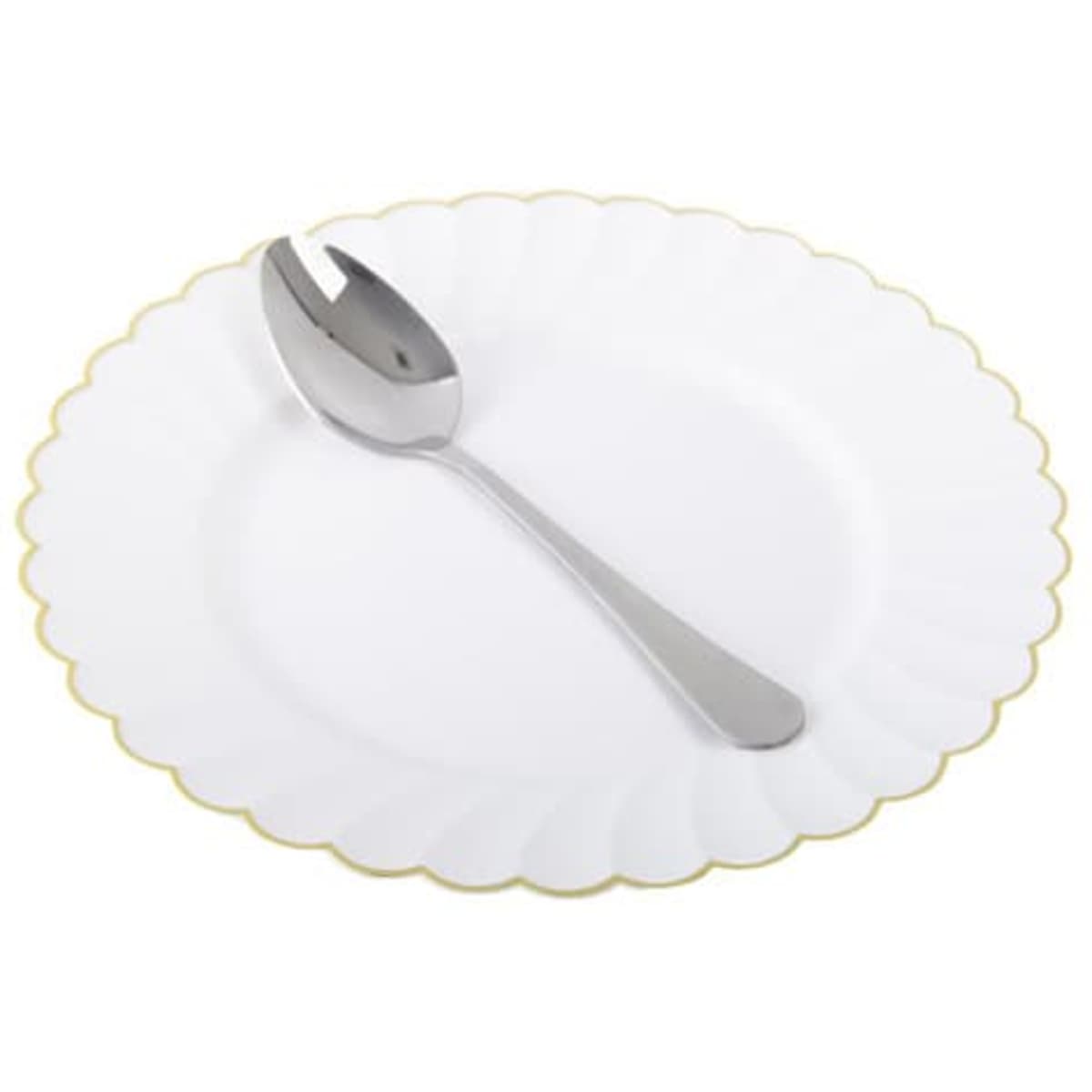 A stainless steel dinner spoon rests on a white plate with a gold scalloped edge. The spoon has a sleek, polished finish.