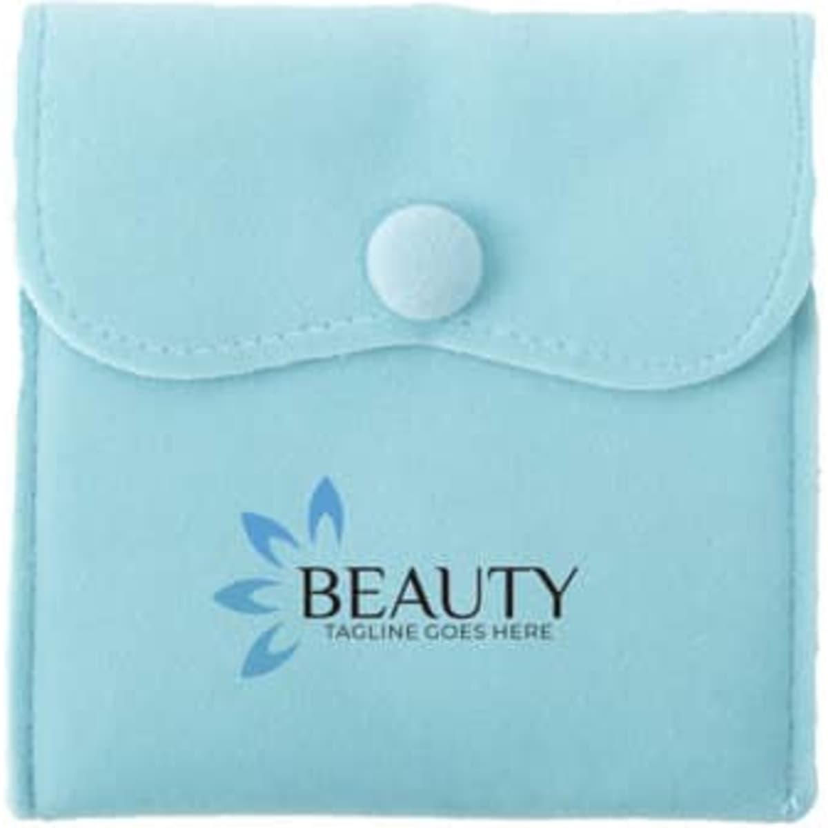 A turquoise jewellery organiser pouch with a button closure, featuring a printed logo.