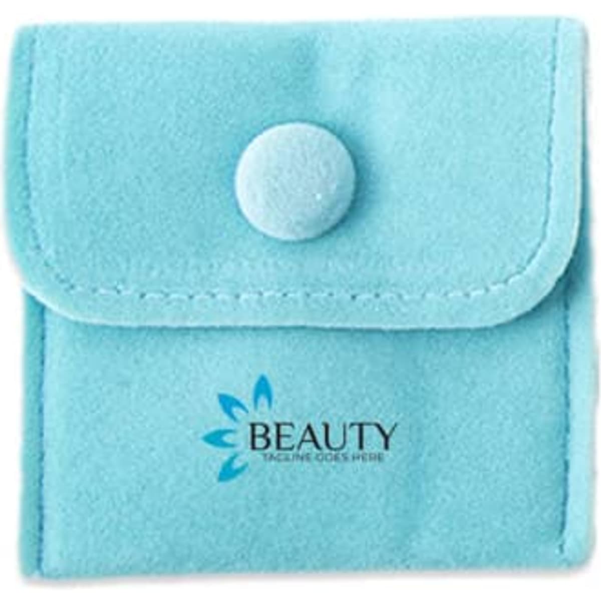 A small turquoise jewellery storage bag with a button closure and a logo on the front.