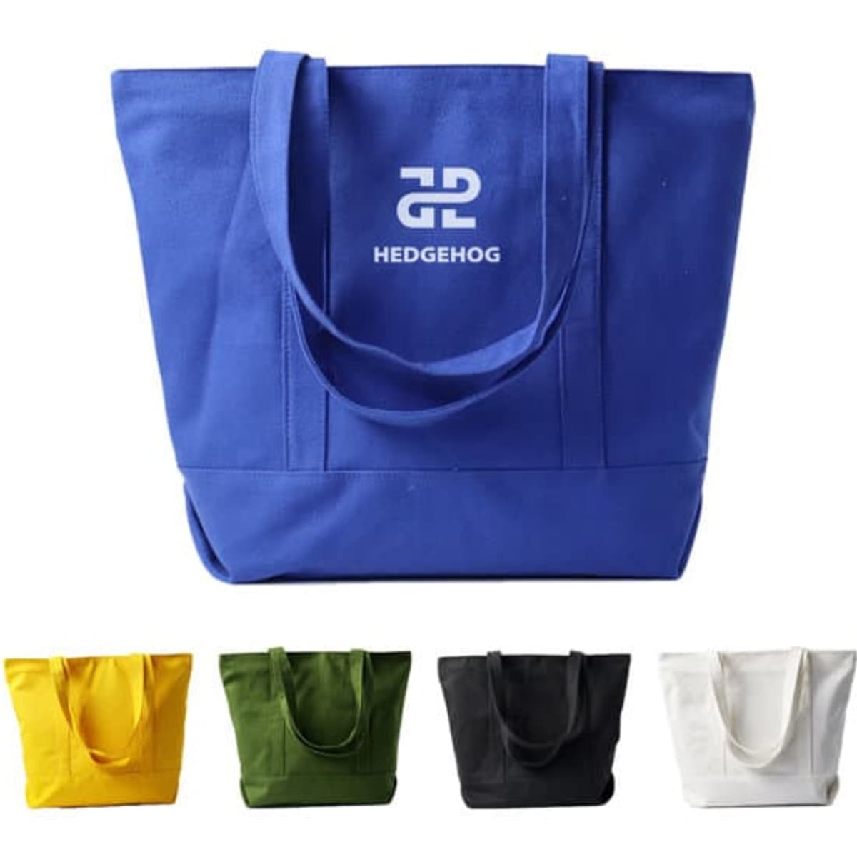 A large canvas zippered tote shoulder bag in blue, with four additional bags in yellow, green, black, and white. Features a logo.