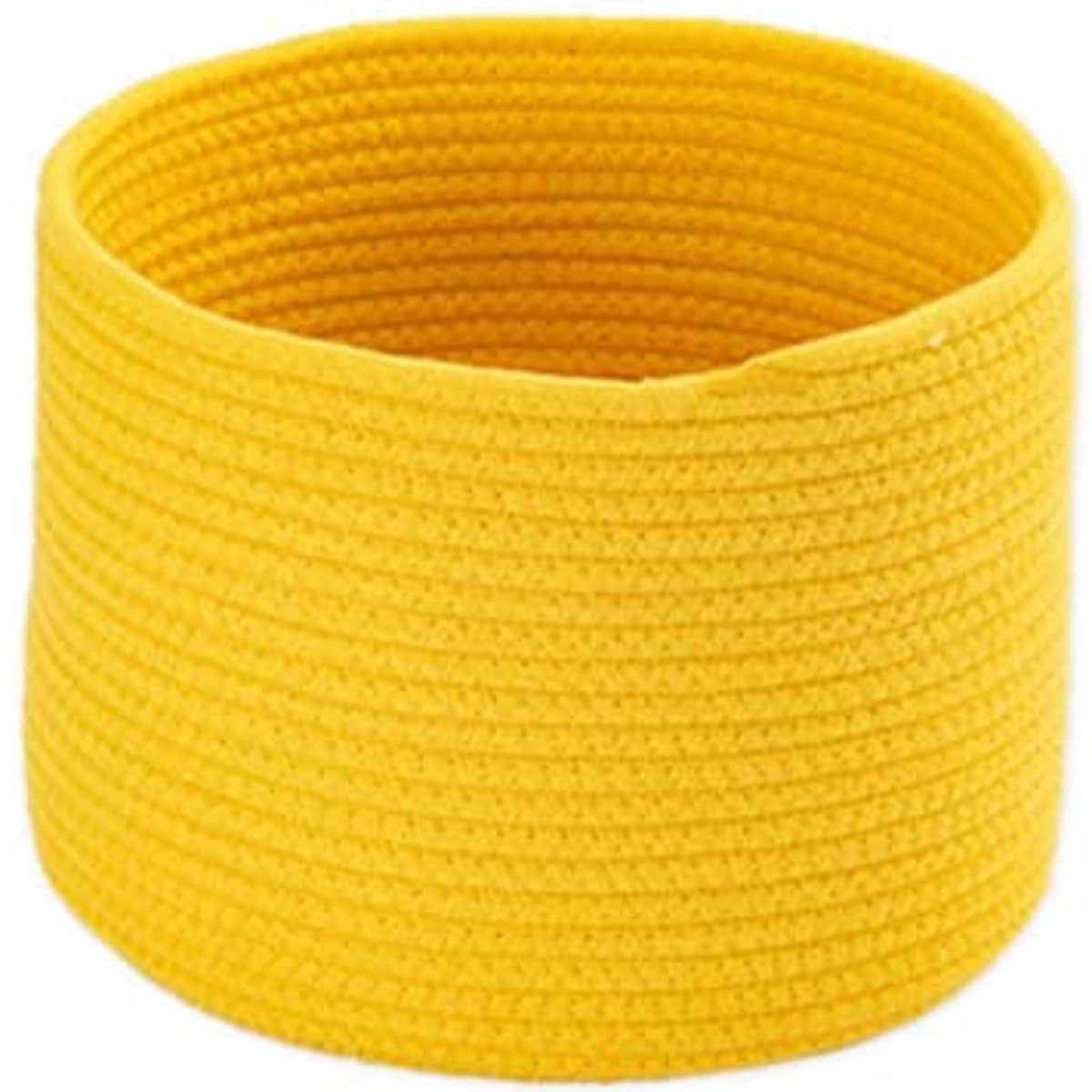 A yellow cotton rope storage basket with a simple, woven design and a rounded shape.