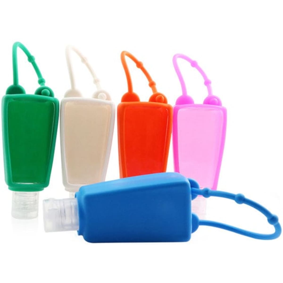Silicone hand sanitizer bottle holders in green, clear, orange, pink, and blue, each with a securing loop.