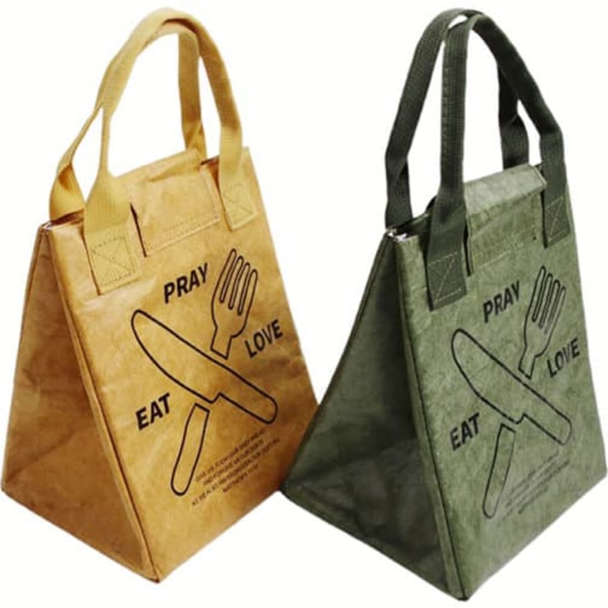 A tan and an olive green insulated lunch tote bag with handles and a logo. The bags are made from recycled materials.