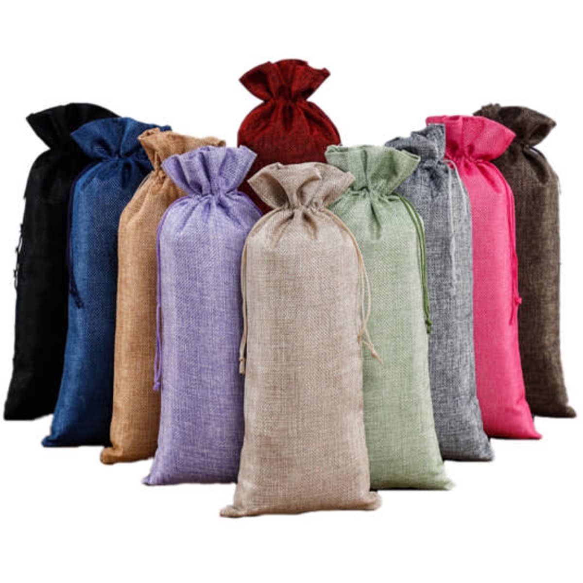 A collection of custom burlap wine bags with drawstrings in various colours including black, brown, green, pink, and purple.
