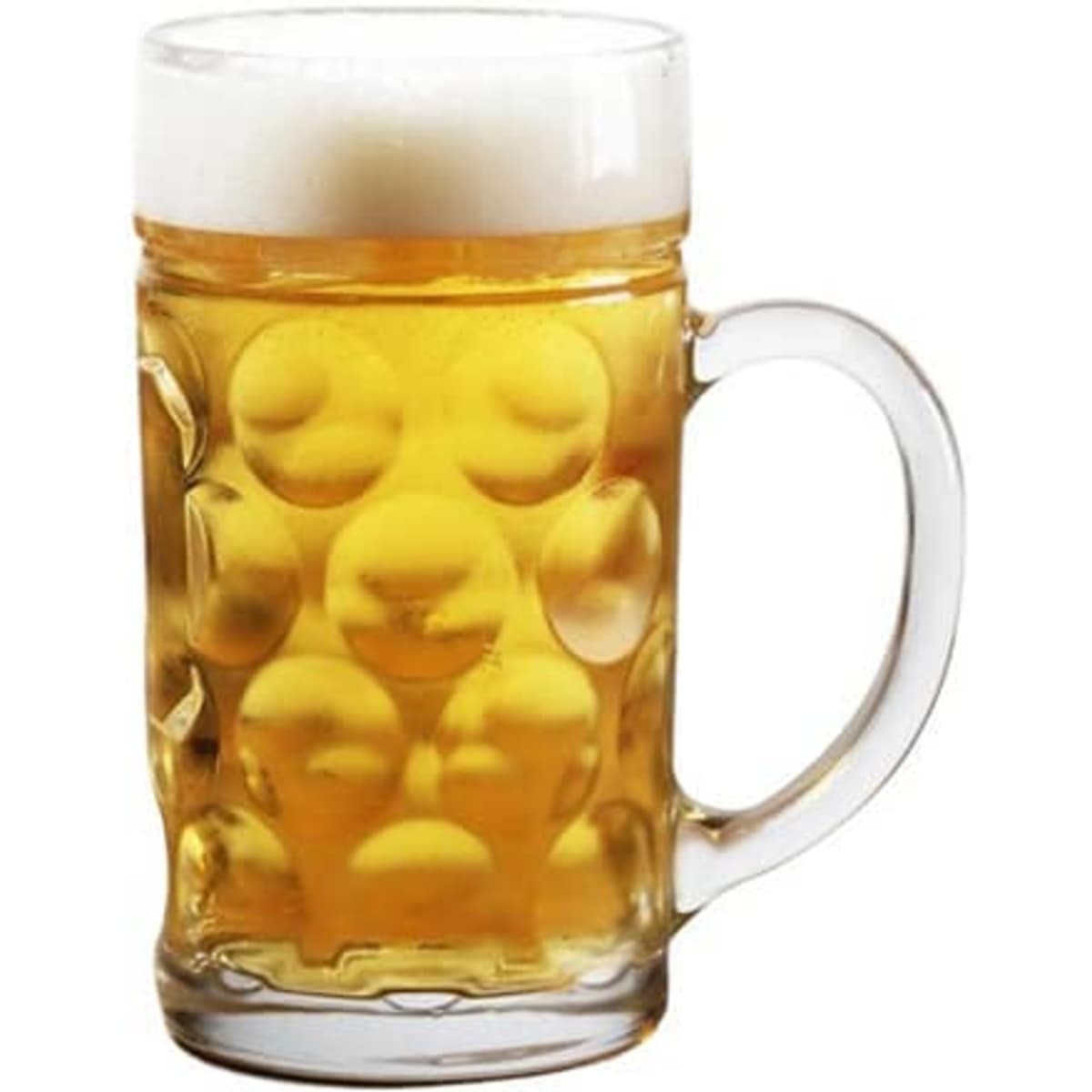 A large capacity glass beer mug filled with light golden beer and topped with a frothy white head.