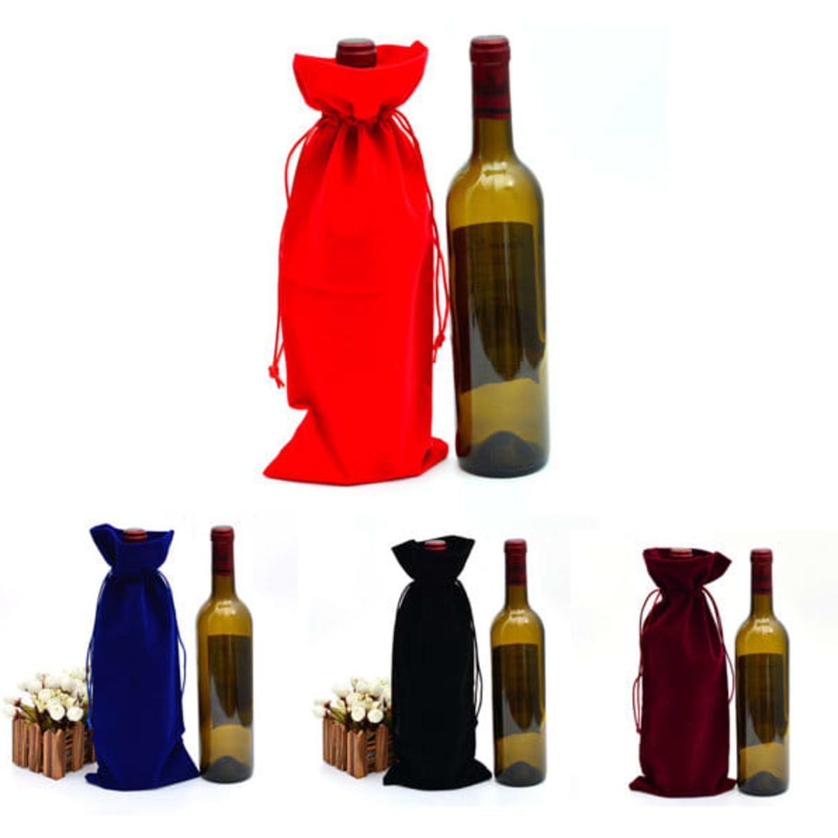 A drink bottle encased in a red, blue, black, or burgundy flannel drawstring bag, featuring a logo.