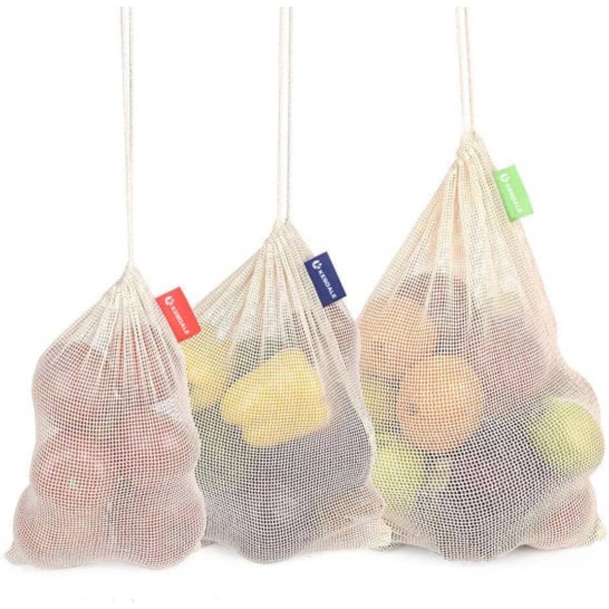 Three organic cotton mesh produce bags in cream, filled with various fruits, featuring coloured tags.
