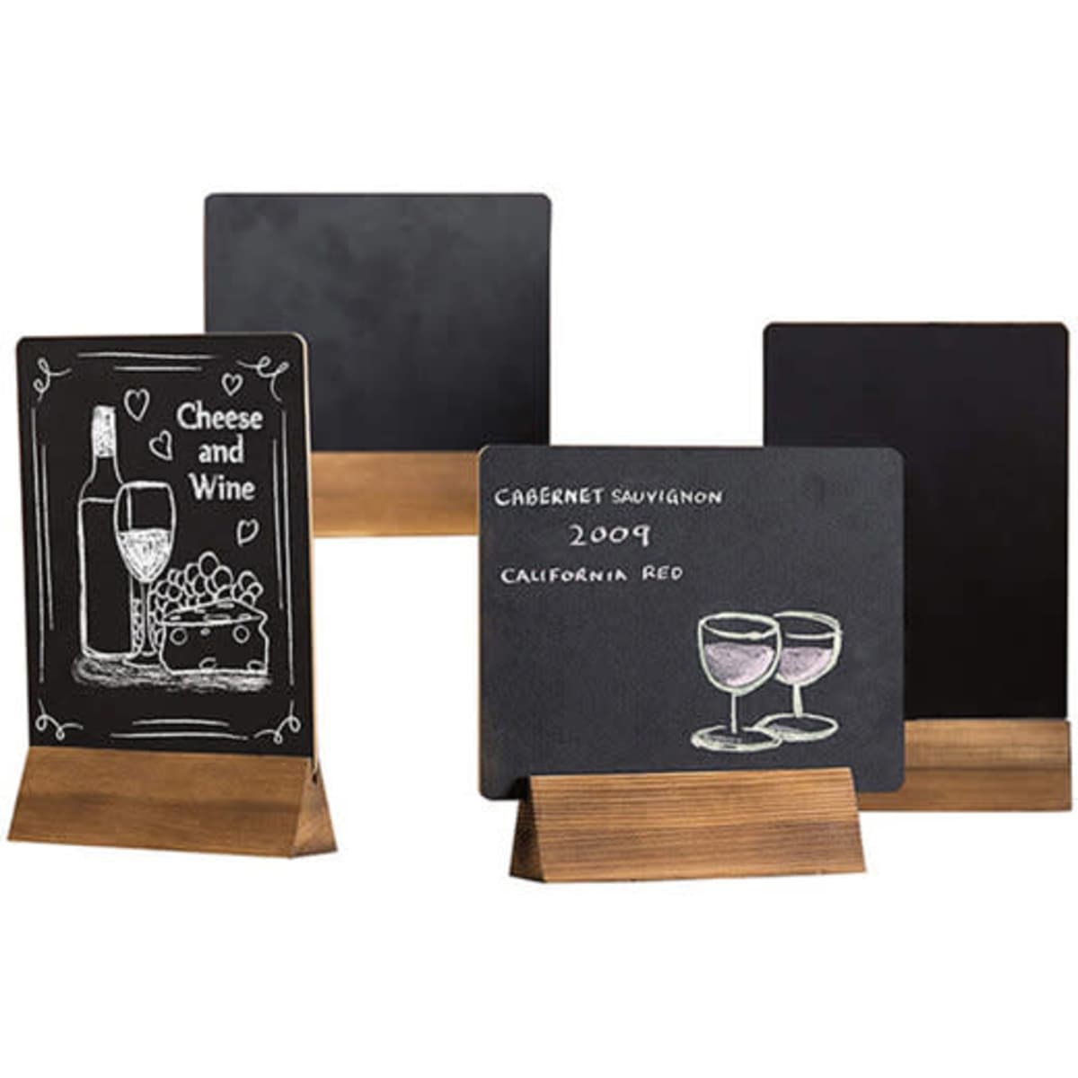 A small wooden chalkboard with a dark surface and a wooden base, featuring various shapes and designs.