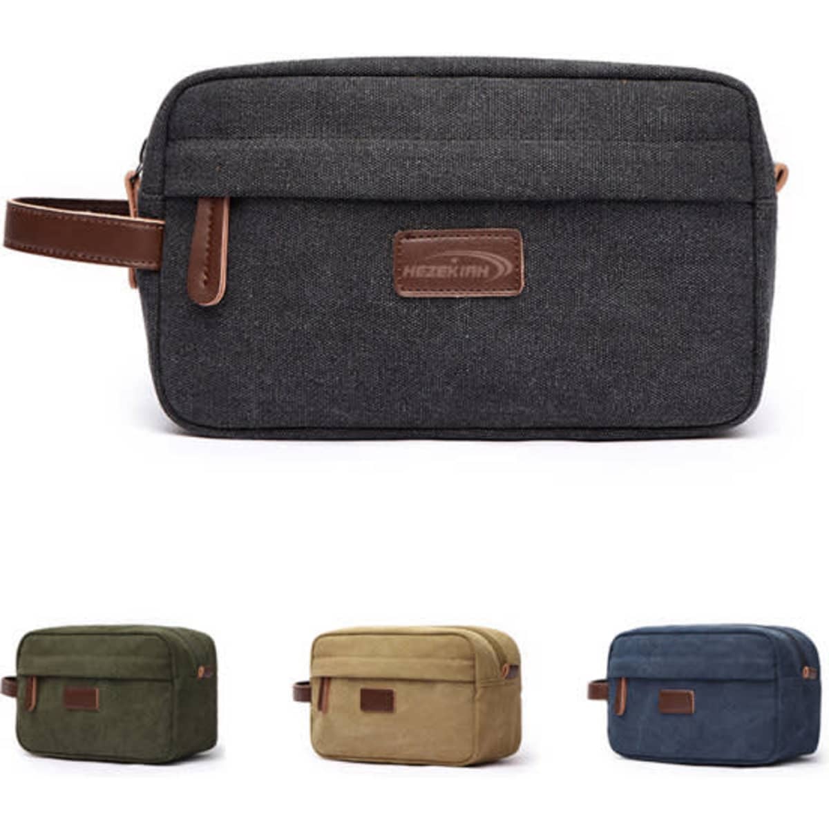 A toiletry bag in dark grey with a brown handle and logo, with additional bags in olive green, tan, and blue.