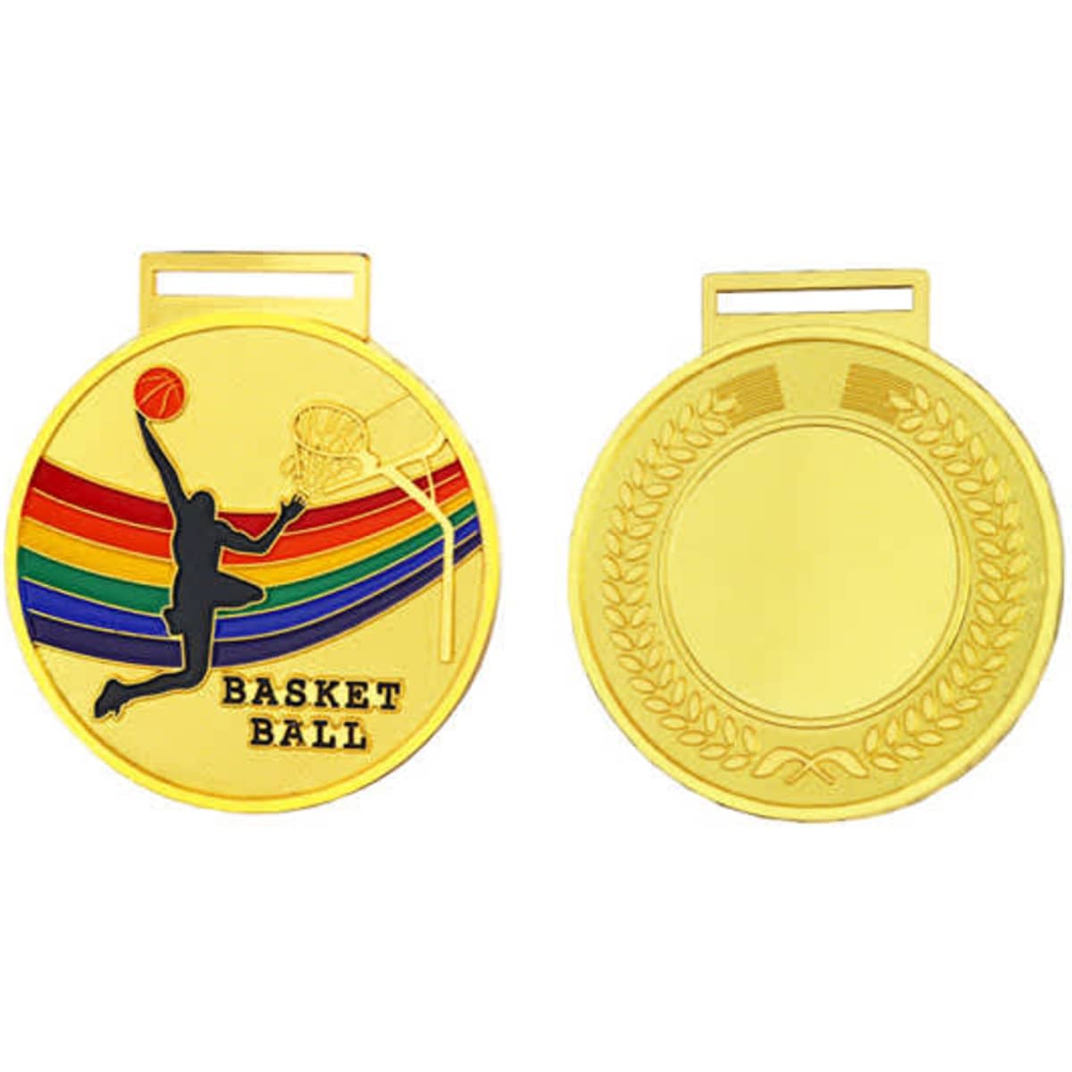 A gold zinc alloy medal featuring a basketball design and a rainbow-striped background, with a blank reverse side.