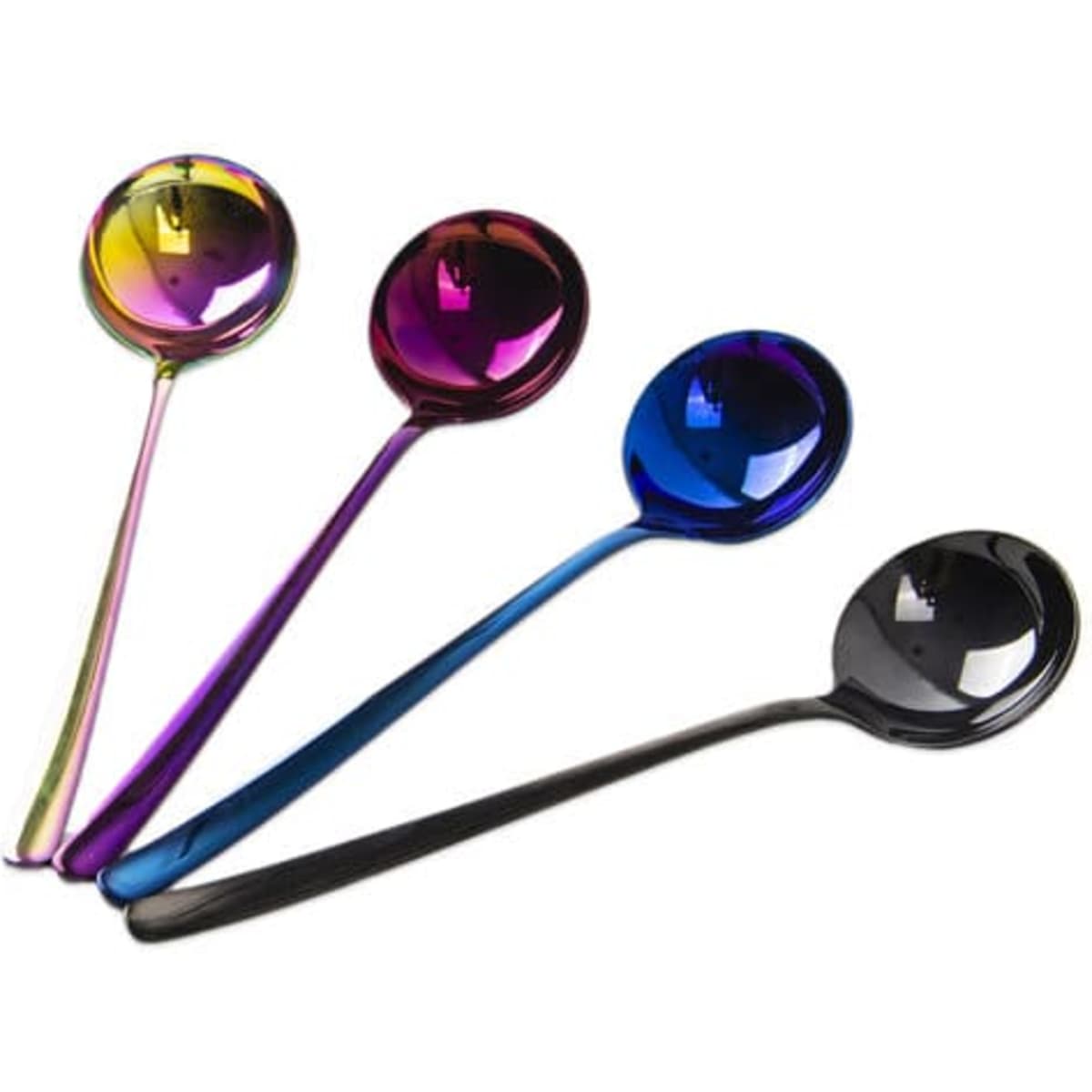 A set of four stainless steel soup spoons in rainbow colours: purple, blue, and black, with a glossy finish.