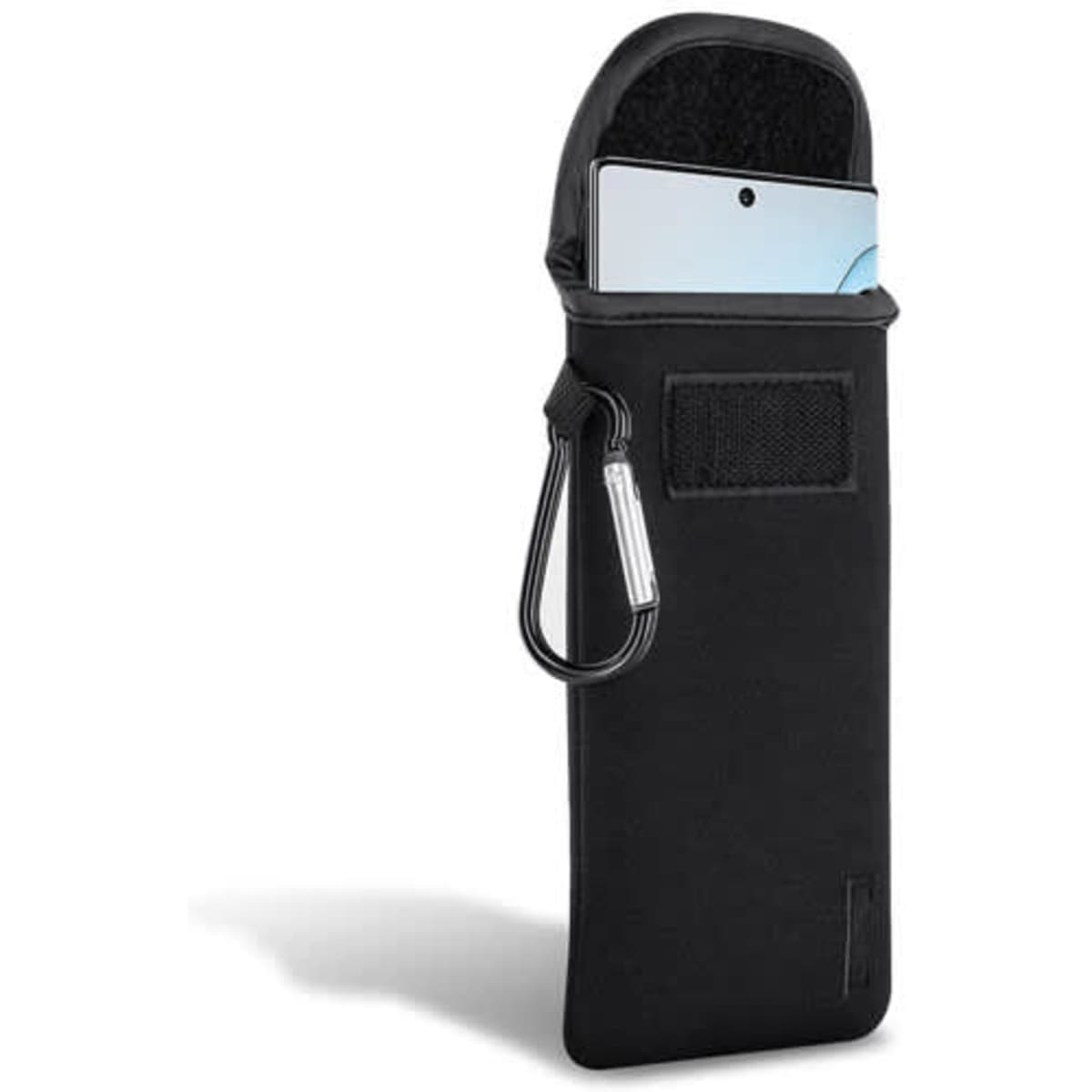 A black neoprene smartphone pouch with a carabiner, holding a smartphone inside, featuring a velcro closure.