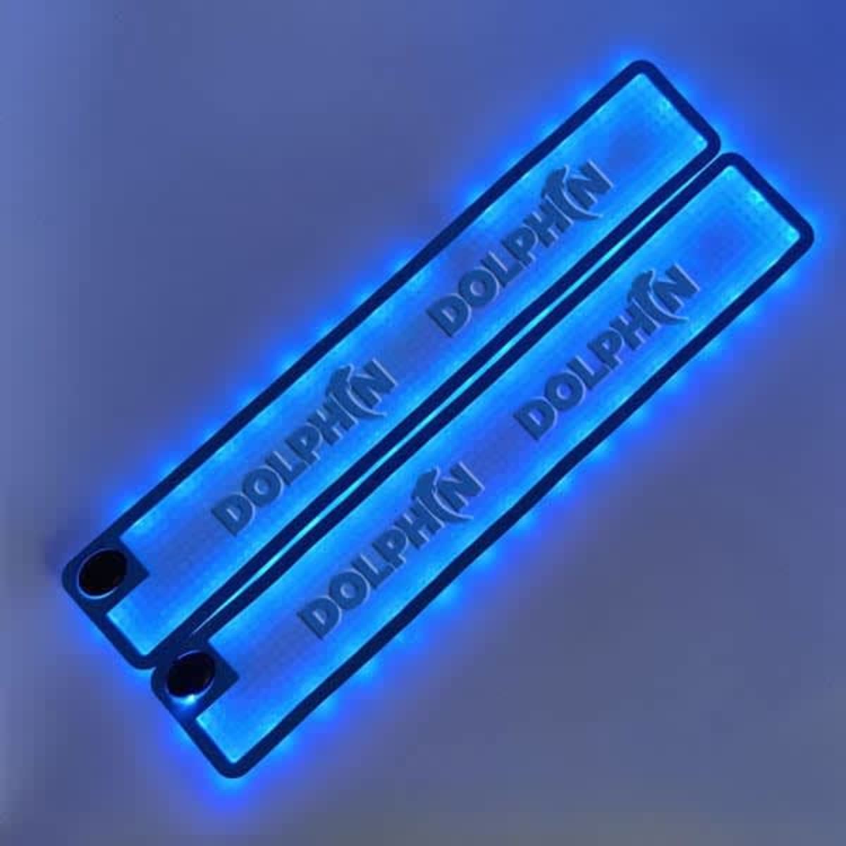 Custom waterproof rubber bar mat in blue with a decorative design, featuring a logo and a sleek, illuminated edge.