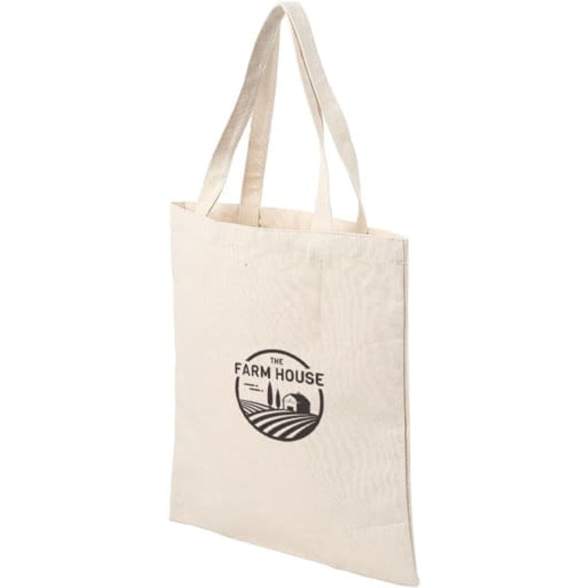 A cream canvas shopping bag with two handles and a circular logo design.