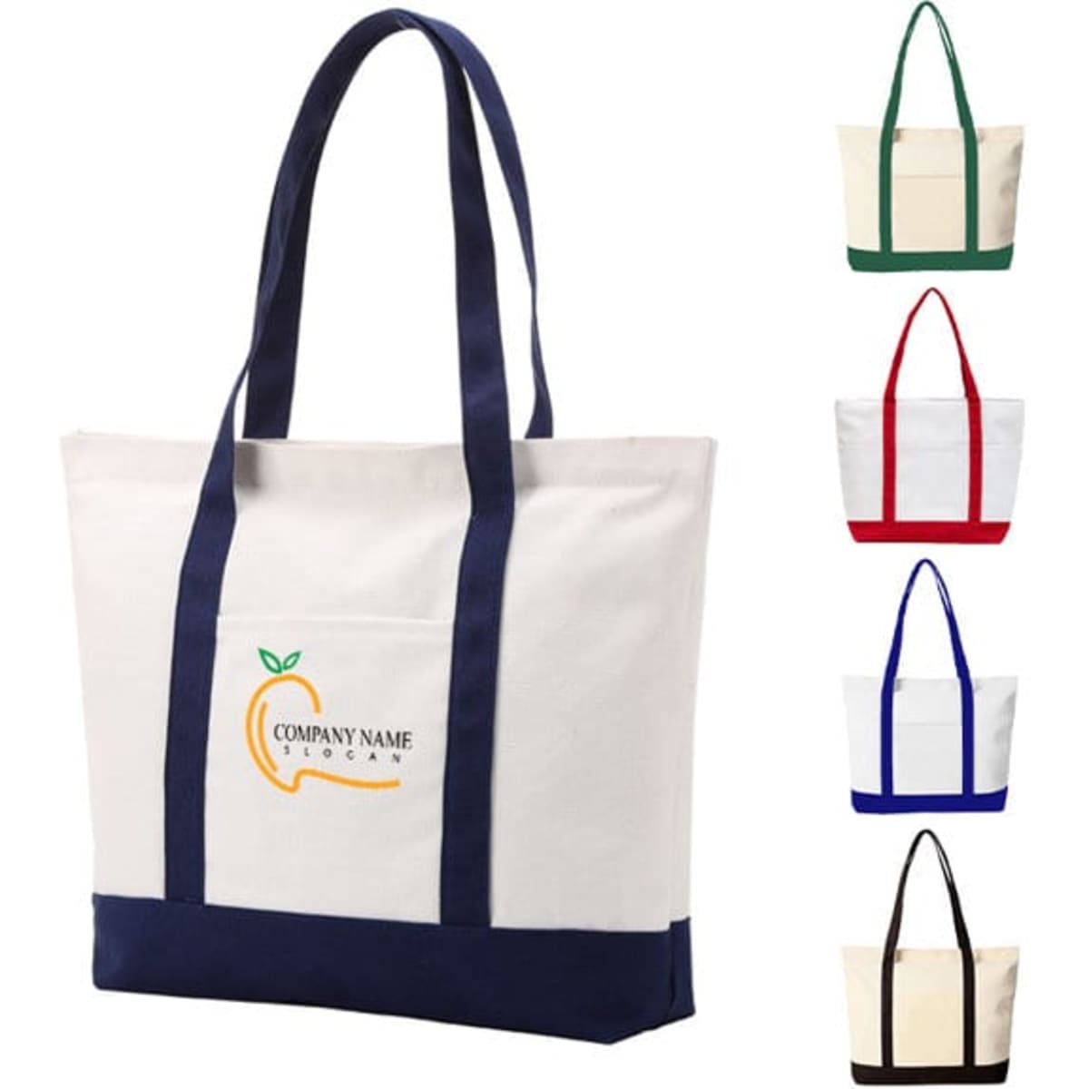 Cotton canvas tote bag in natural with a front pocket, available in green, red, and navy handles. Features logo.