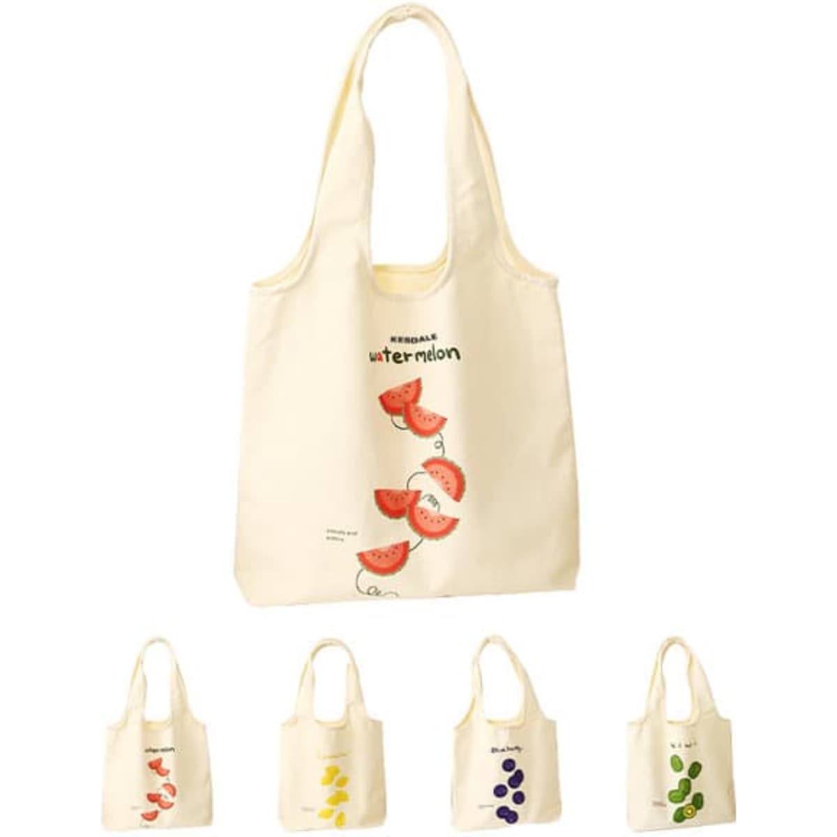 A cream reusable canvas grocery bag with fruit illustrations, featuring a logo and four smaller bags in various colours.
