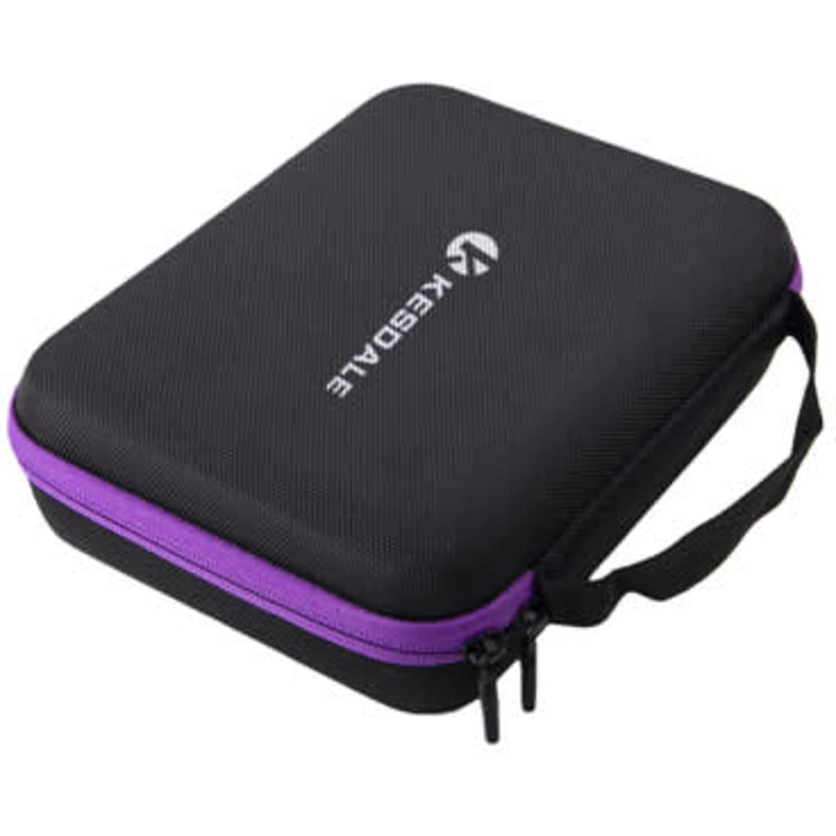A black and purple essential oil bottle storage bag with a handle, featuring a logo on the front.