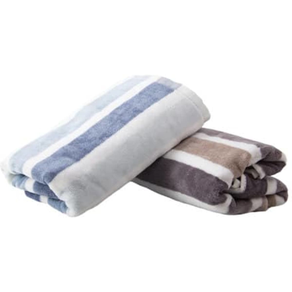 A set of striped towels in shades of blue, white, and brown, neatly folded with a logo visible.