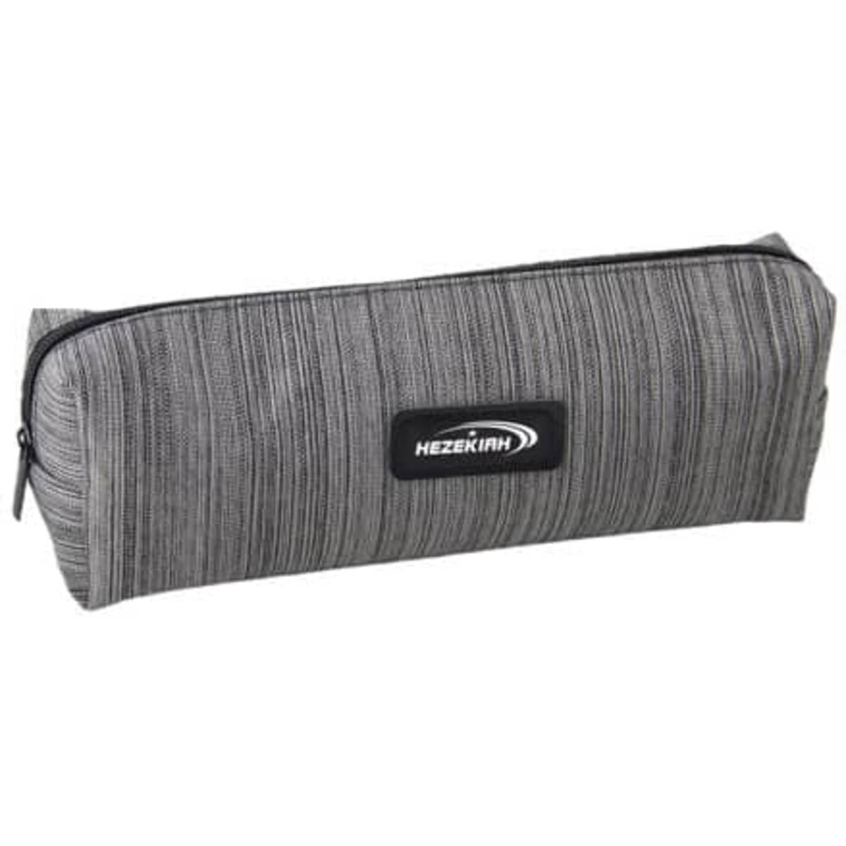 A grey portable pencil case made of Oxford fabric with a zipper and a logo on the front.