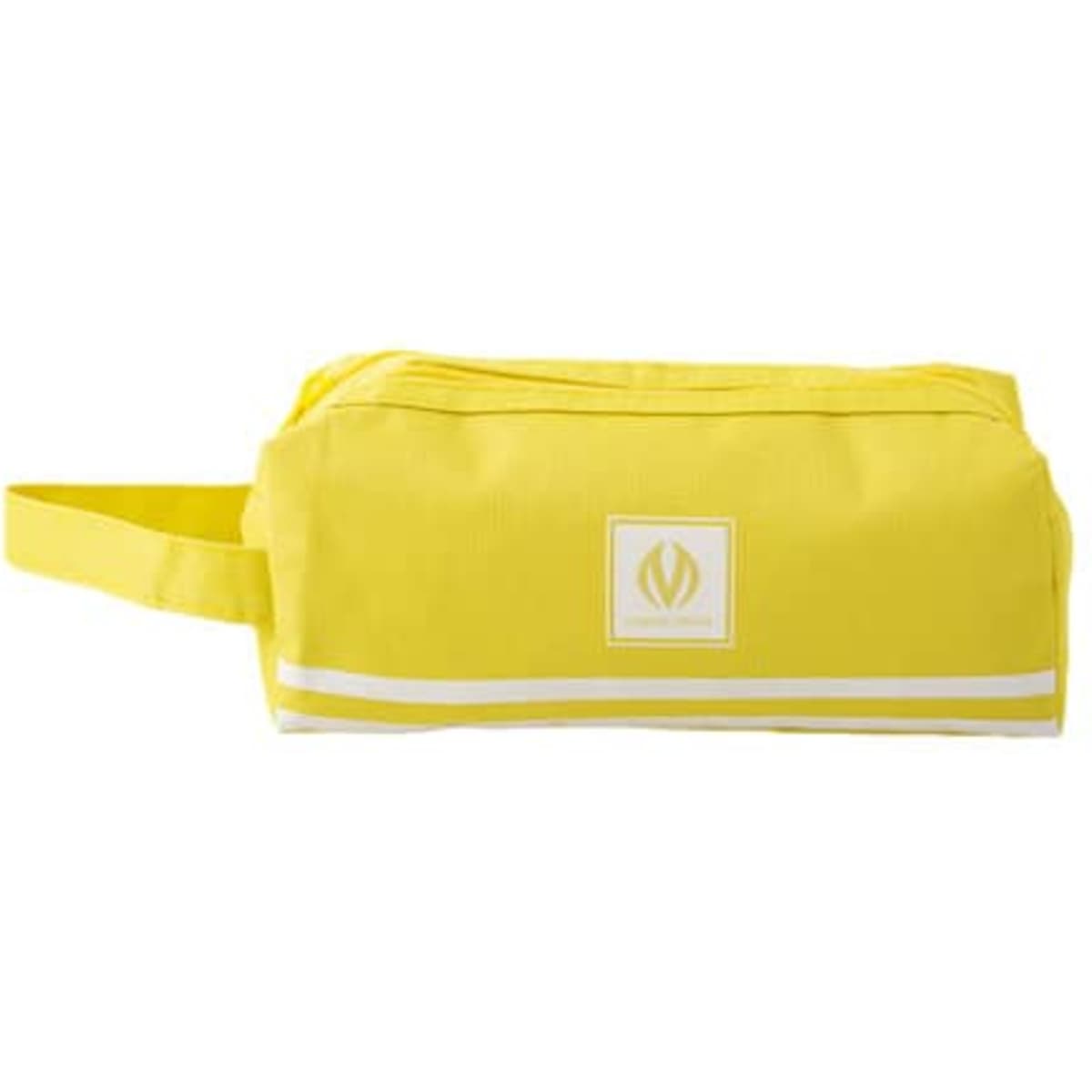 A yellow double layer canvas pencil pouch with a handle and a branding logo.