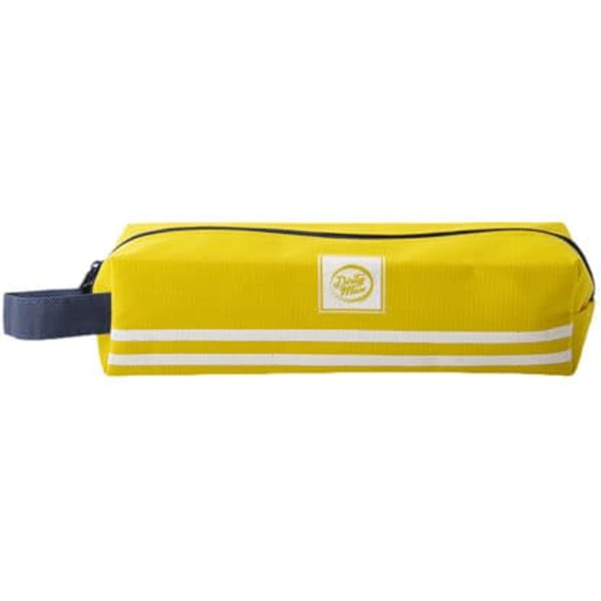 A yellow Oxford cloth pencil case with a handle, featuring white stripes and a branded logo.