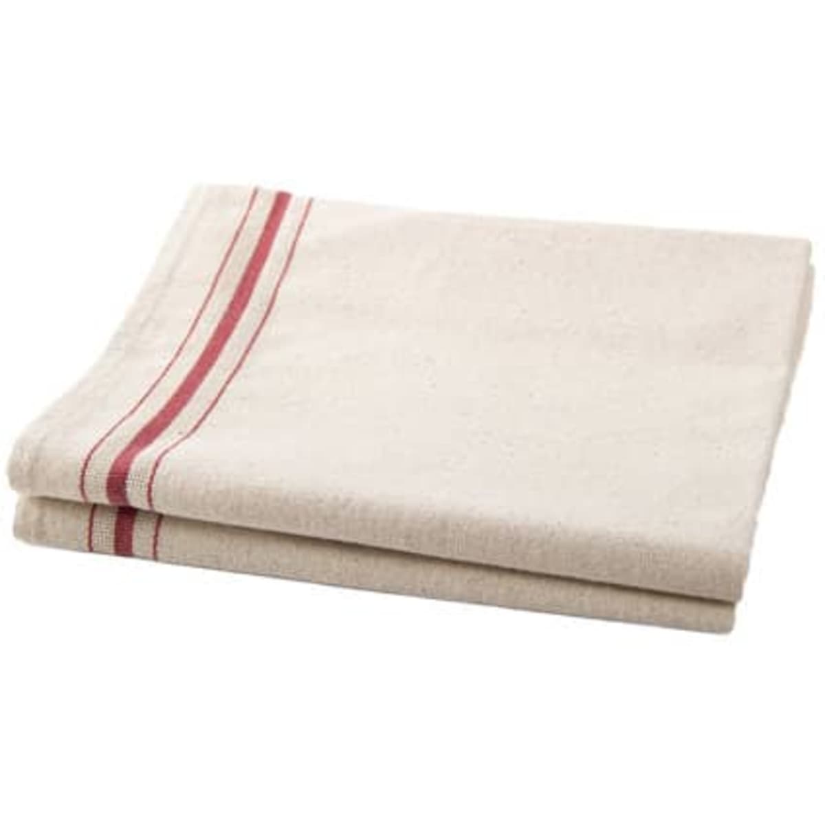 A folded custom cotton tea towel in a soft beige colour with red stripes along one side. It has a logo.