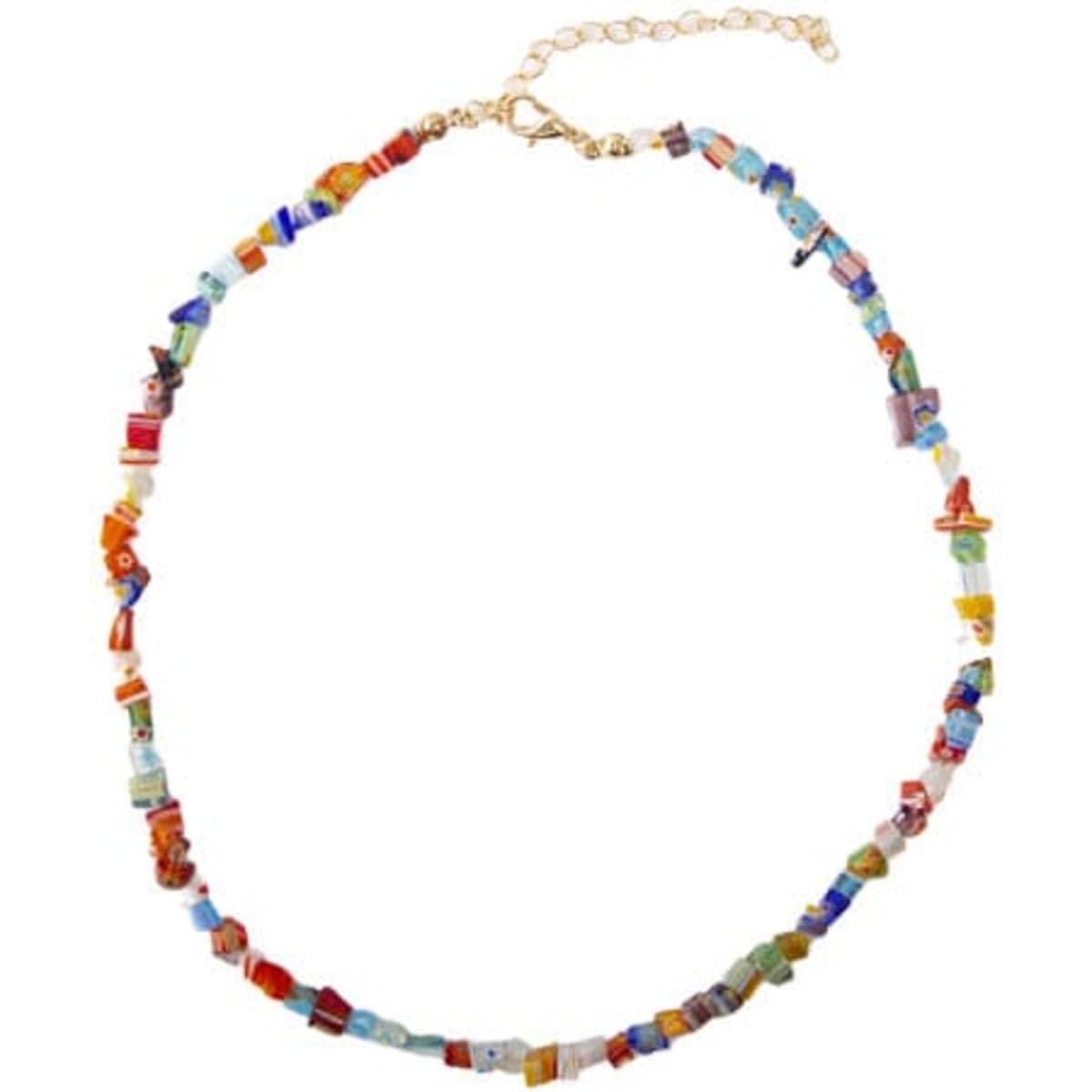 A colourful glass stone necklace featuring various shapes and hues, with a gold-tone clasp and extension chain.