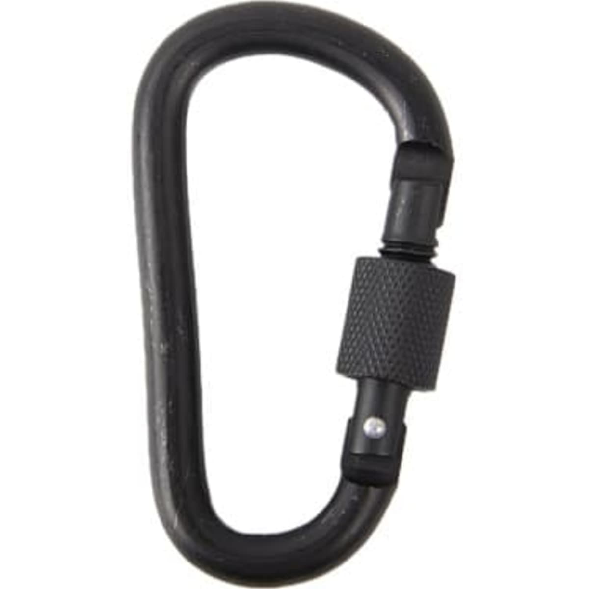 A black D-type outdoor carabiner with a secure screw-lock mechanism and textured grip.
