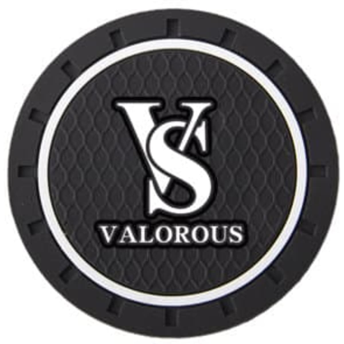 A round black anti-slip car cup coaster featuring a textured design and a logo in the centre.