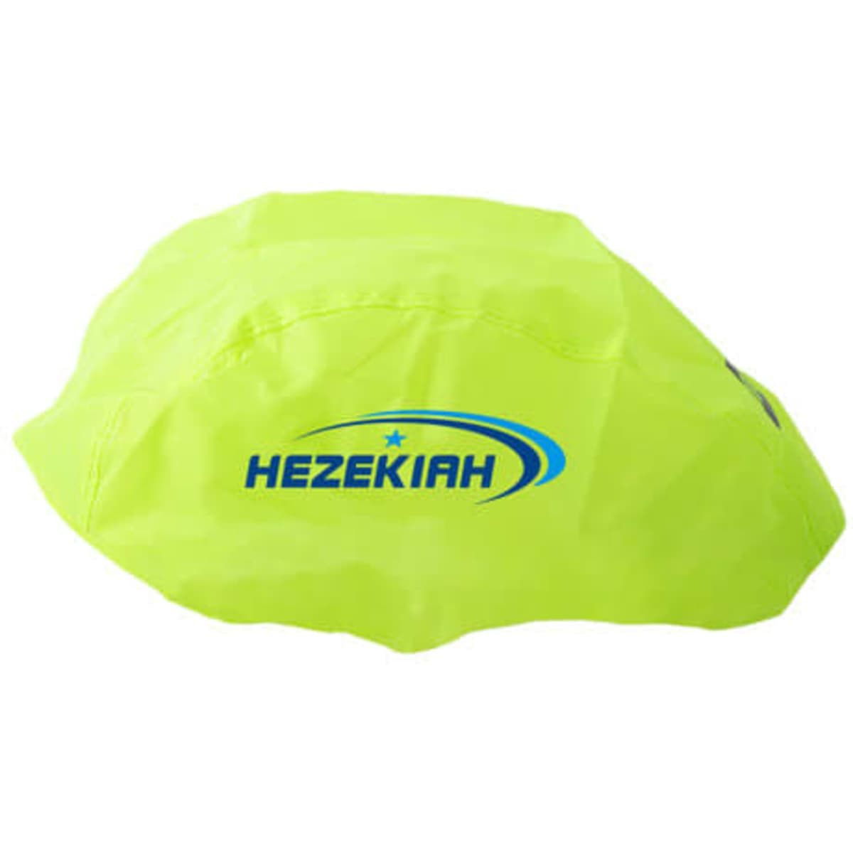 A bright yellow cycling helmet cover featuring a logo and reflective strip for enhanced visibility.
