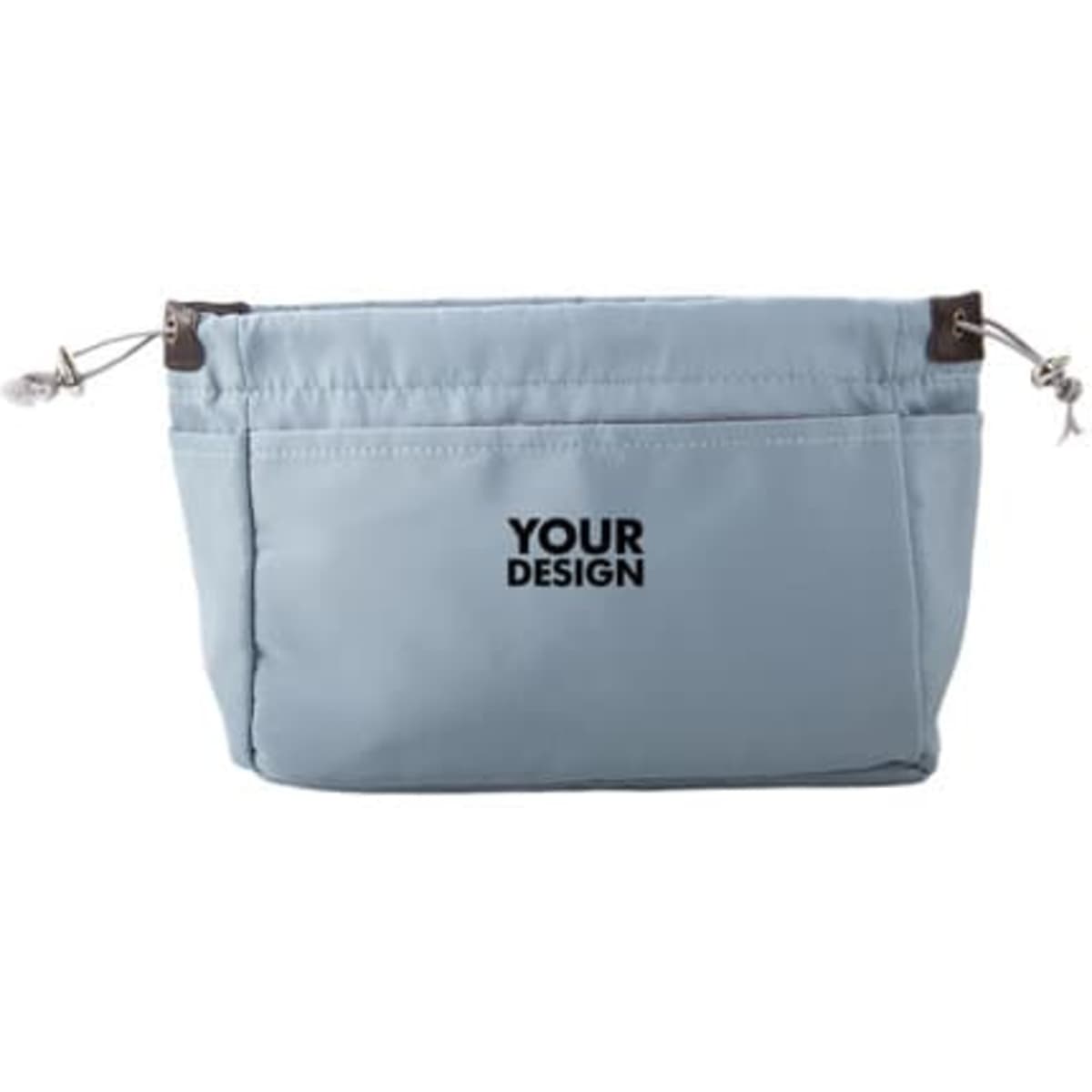 A light blue waterproof nylon drawstring travel makeup bag with a logo and two zippered compartments.